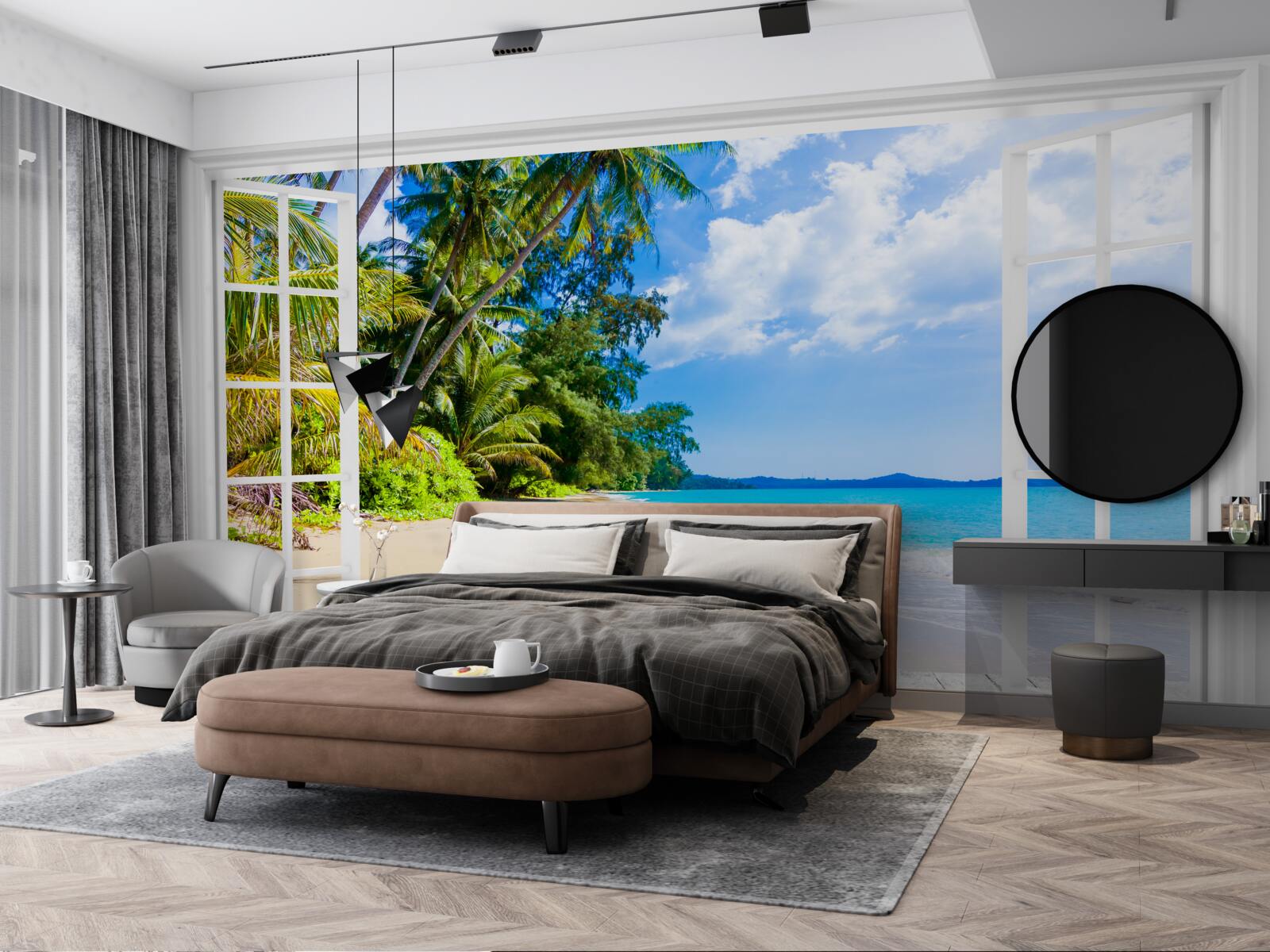 Fotobehang een panoramisch uitzicht op het strand vanuit het raam