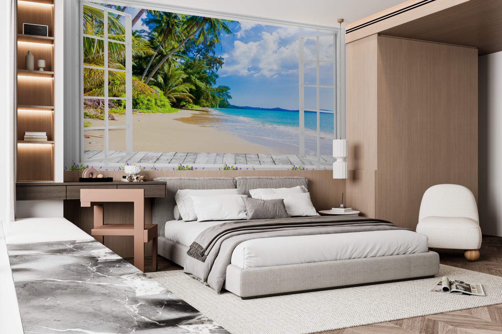 Fotobehang een panoramisch uitzicht op het strand vanuit het raam