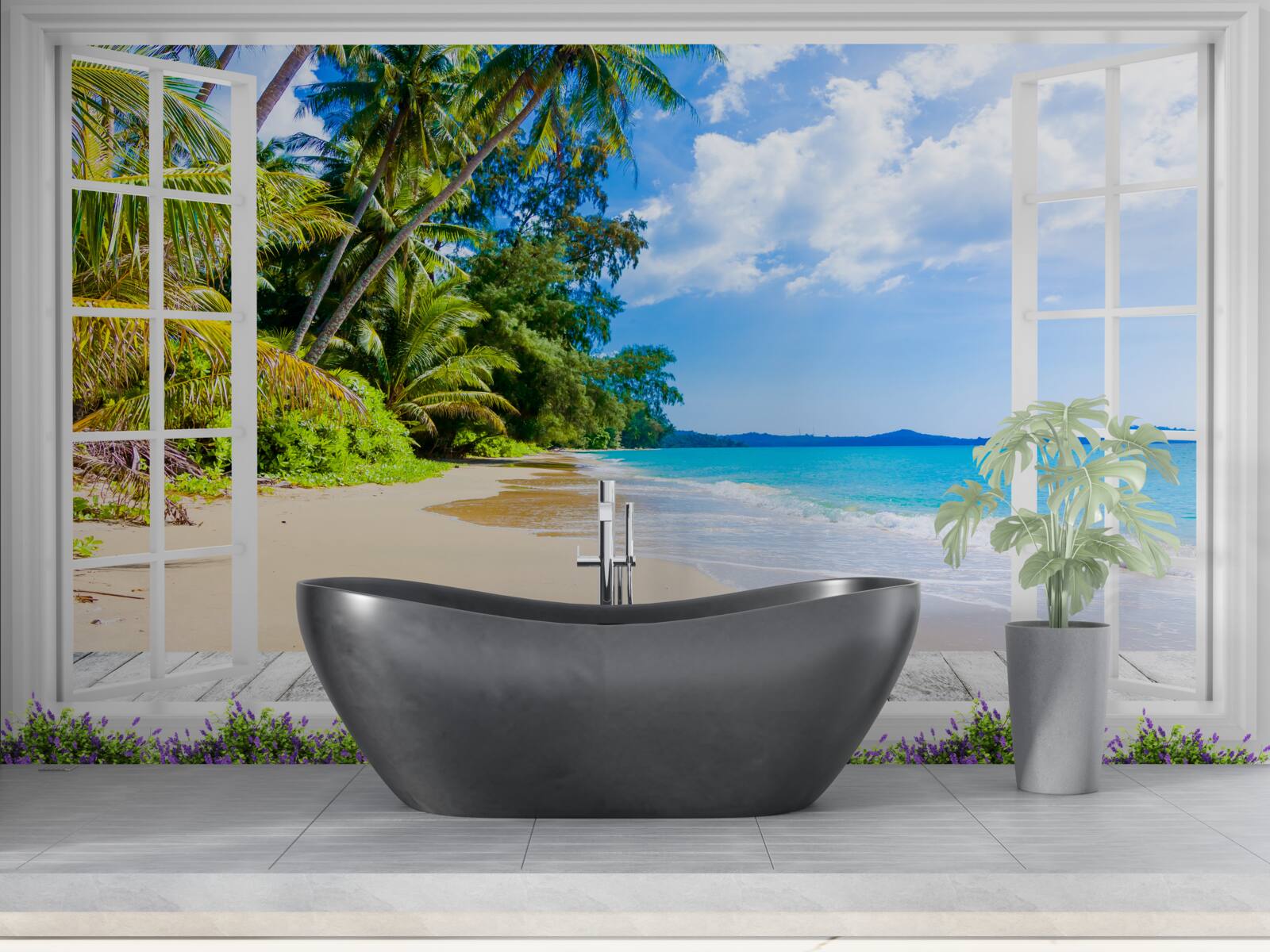 Fotobehang een panoramisch uitzicht op het strand vanuit het raam