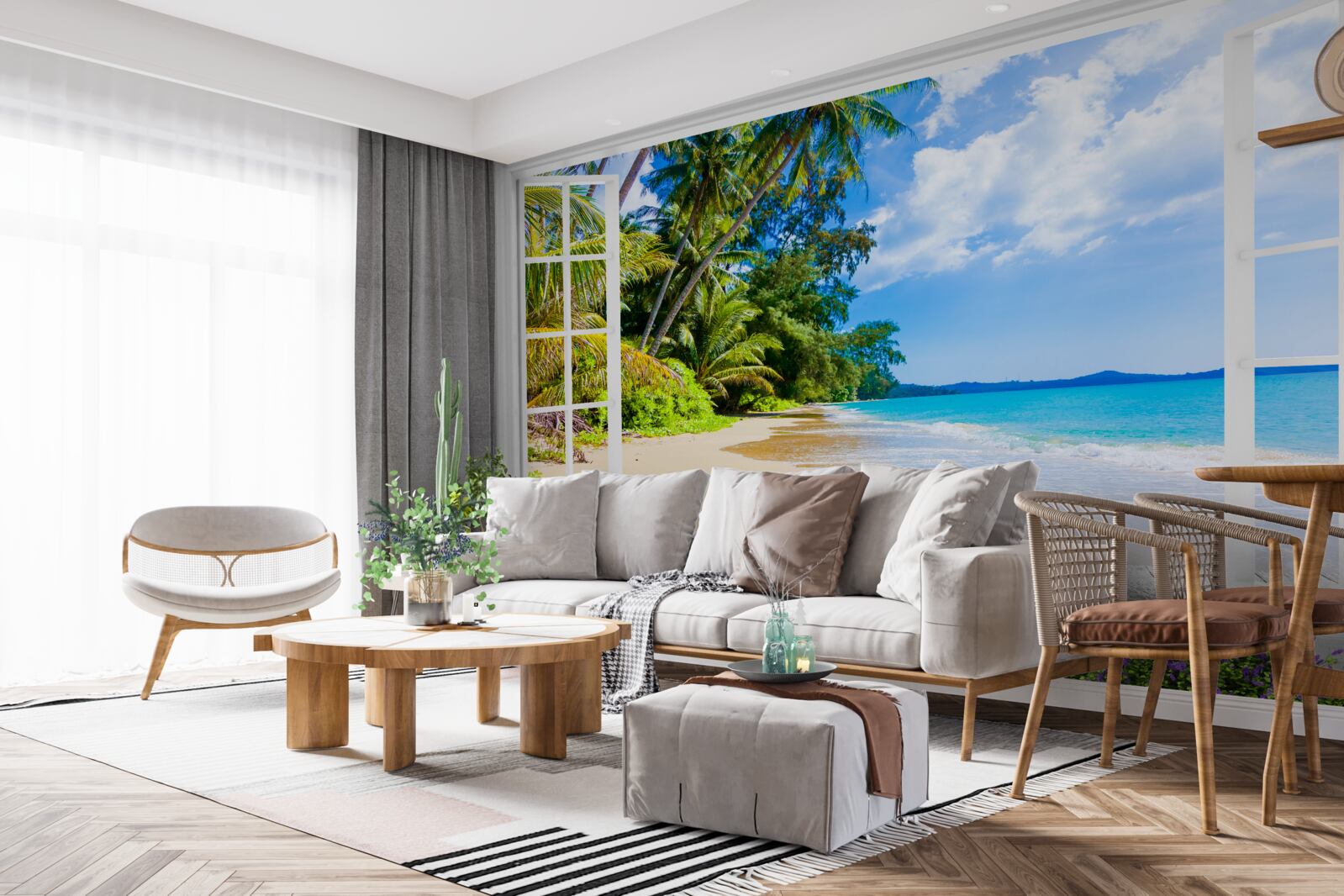 Fotobehang een panoramisch uitzicht op het strand vanuit het raam