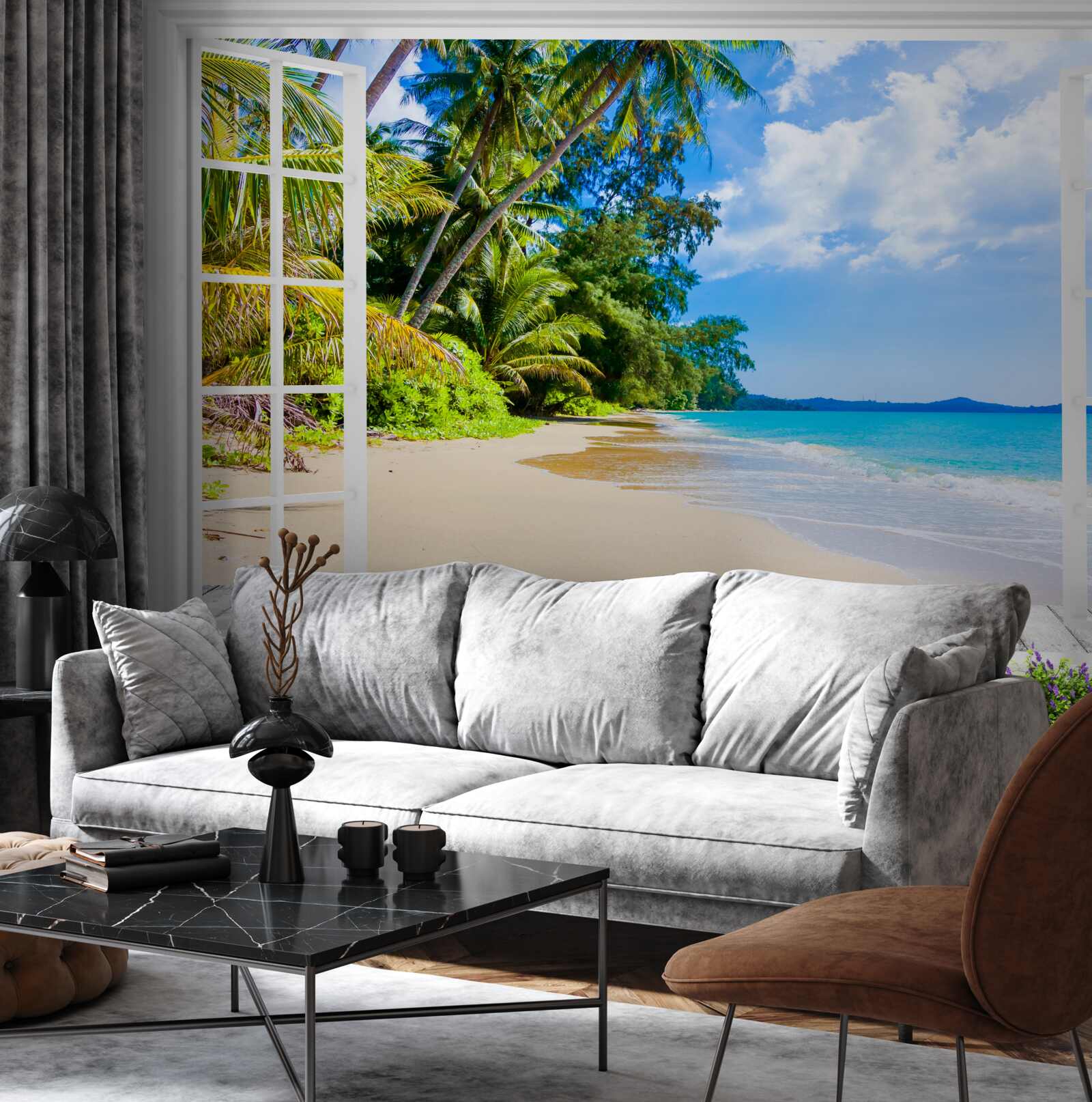 Fotobehang een panoramisch uitzicht op het strand vanuit het raam