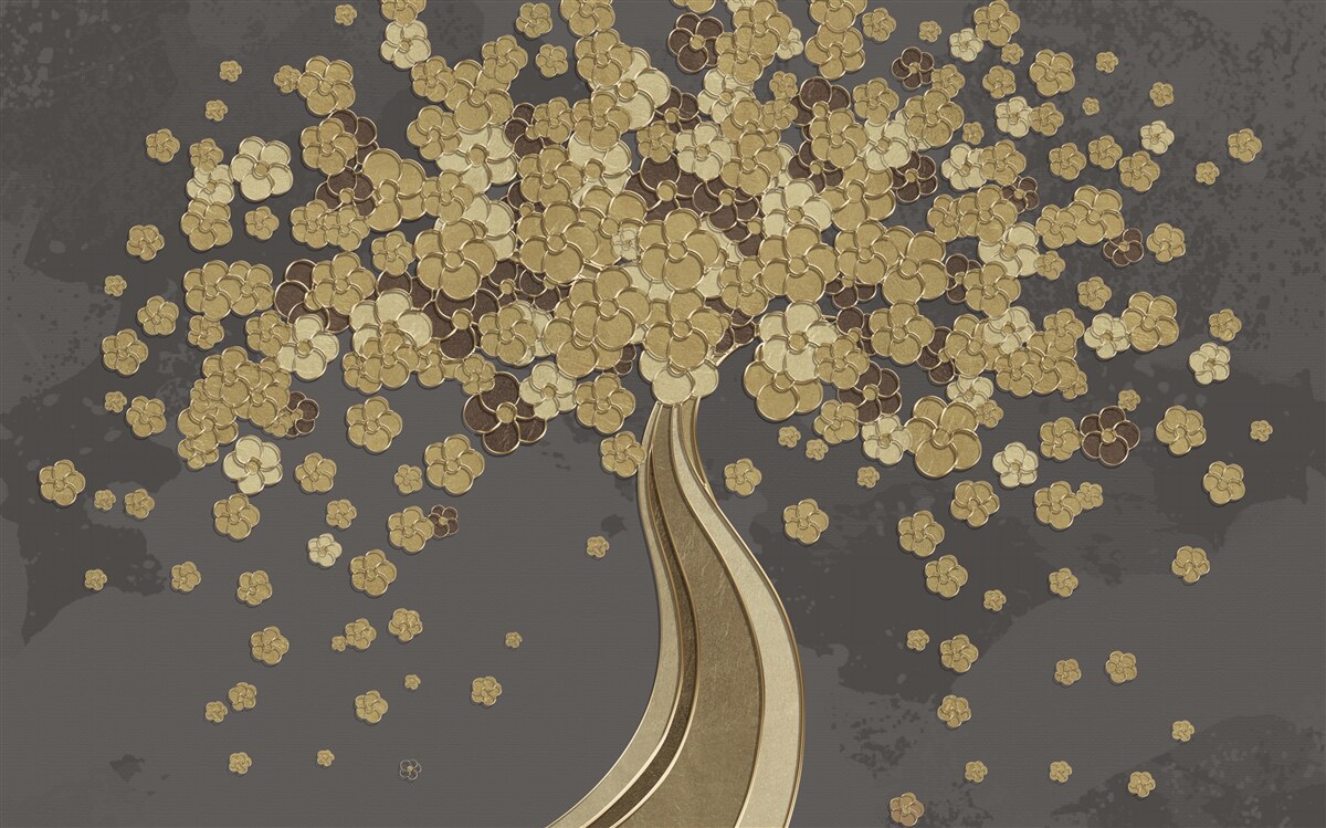 Fotobehang nachtboom bloeiend met goud