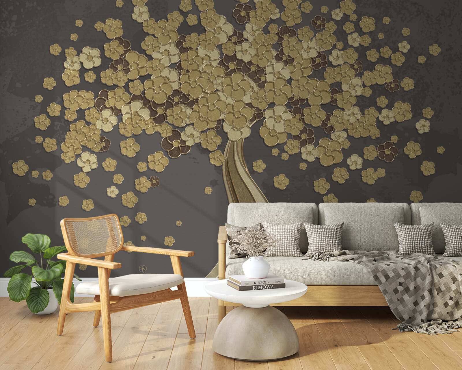 Fotobehang nachtboom bloeiend met goud