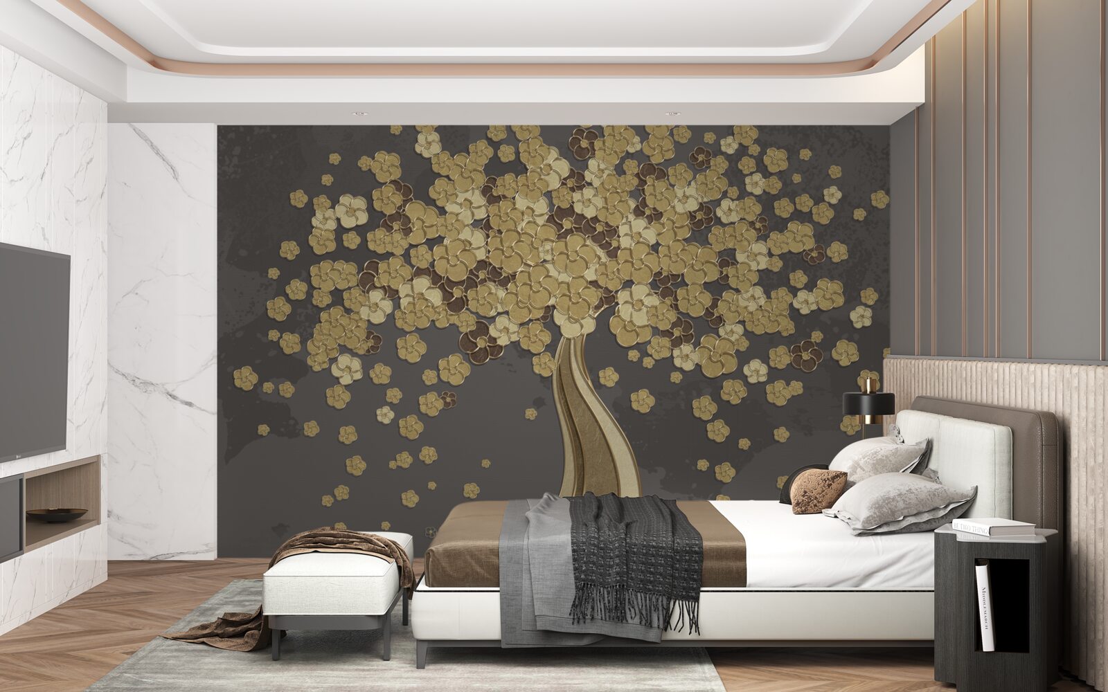 Fotobehang nachtboom bloeiend met goud