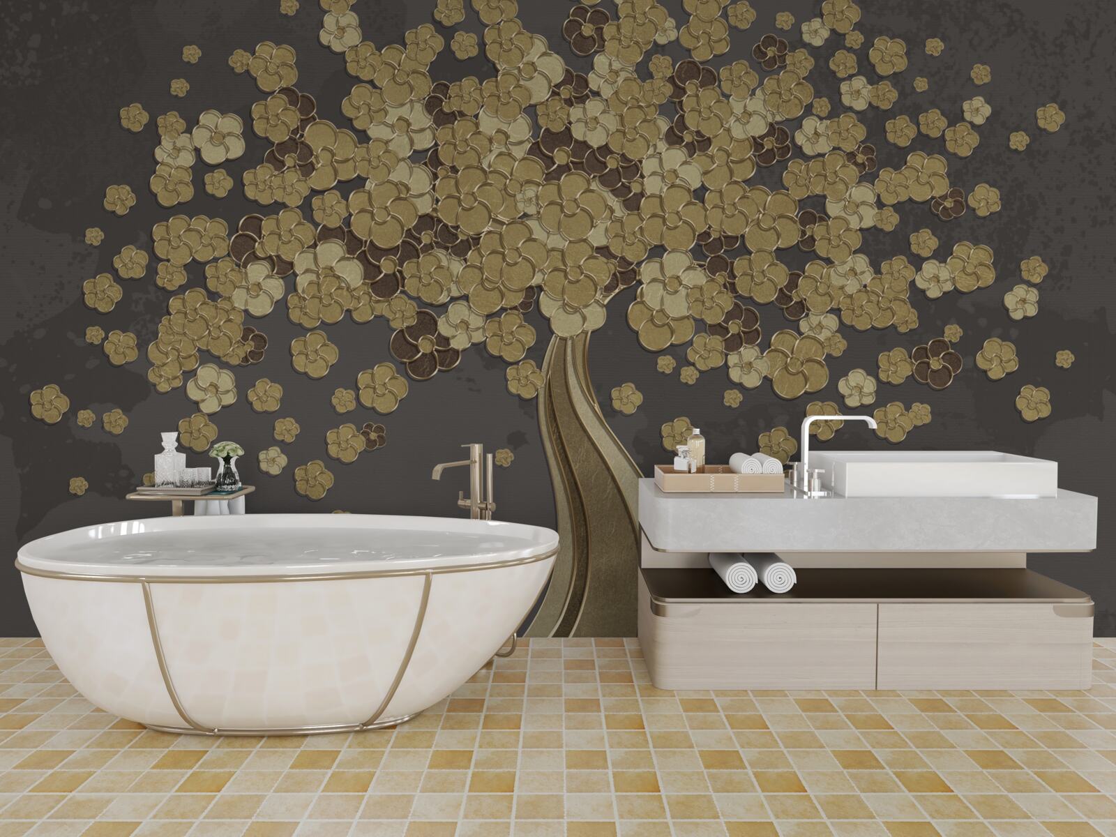 Fotobehang nachtboom bloeiend met goud