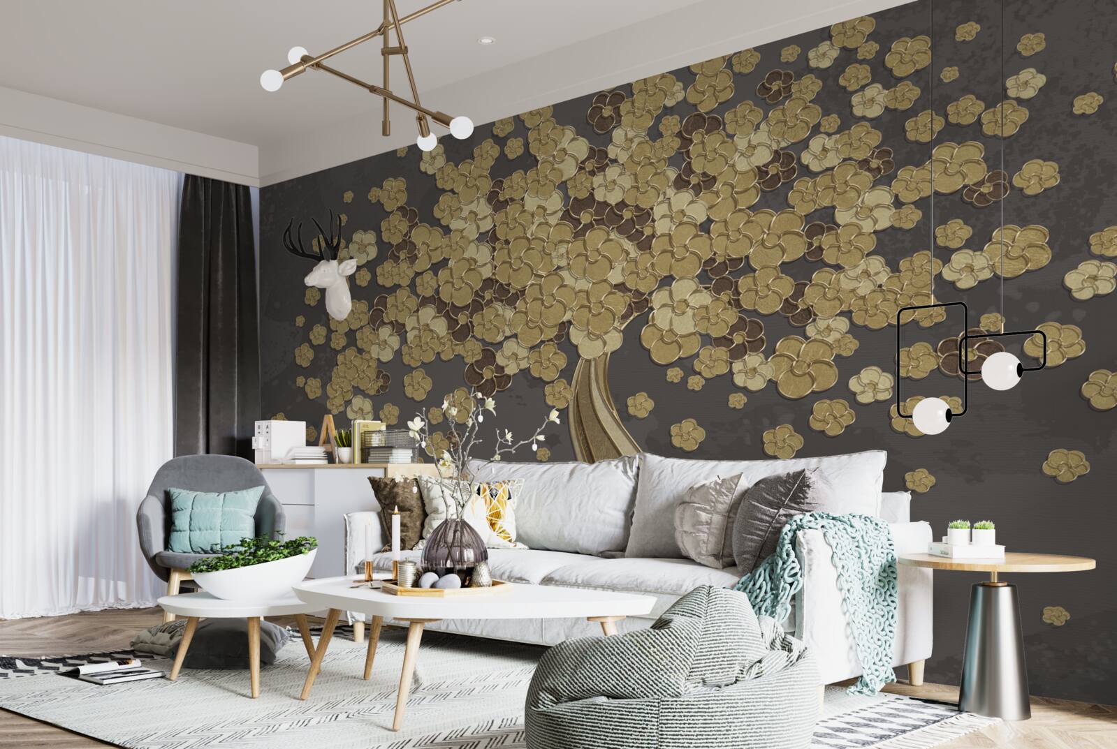 Fotobehang nachtboom bloeiend met goud