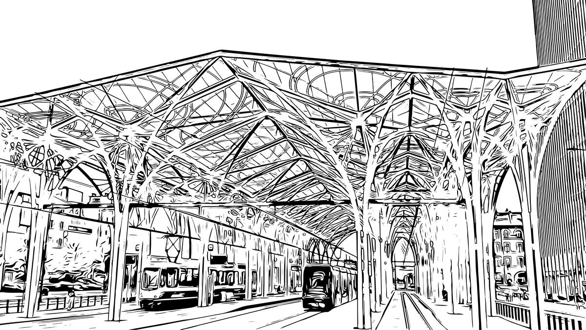 Fotobehang treinstation en treinen op de foto