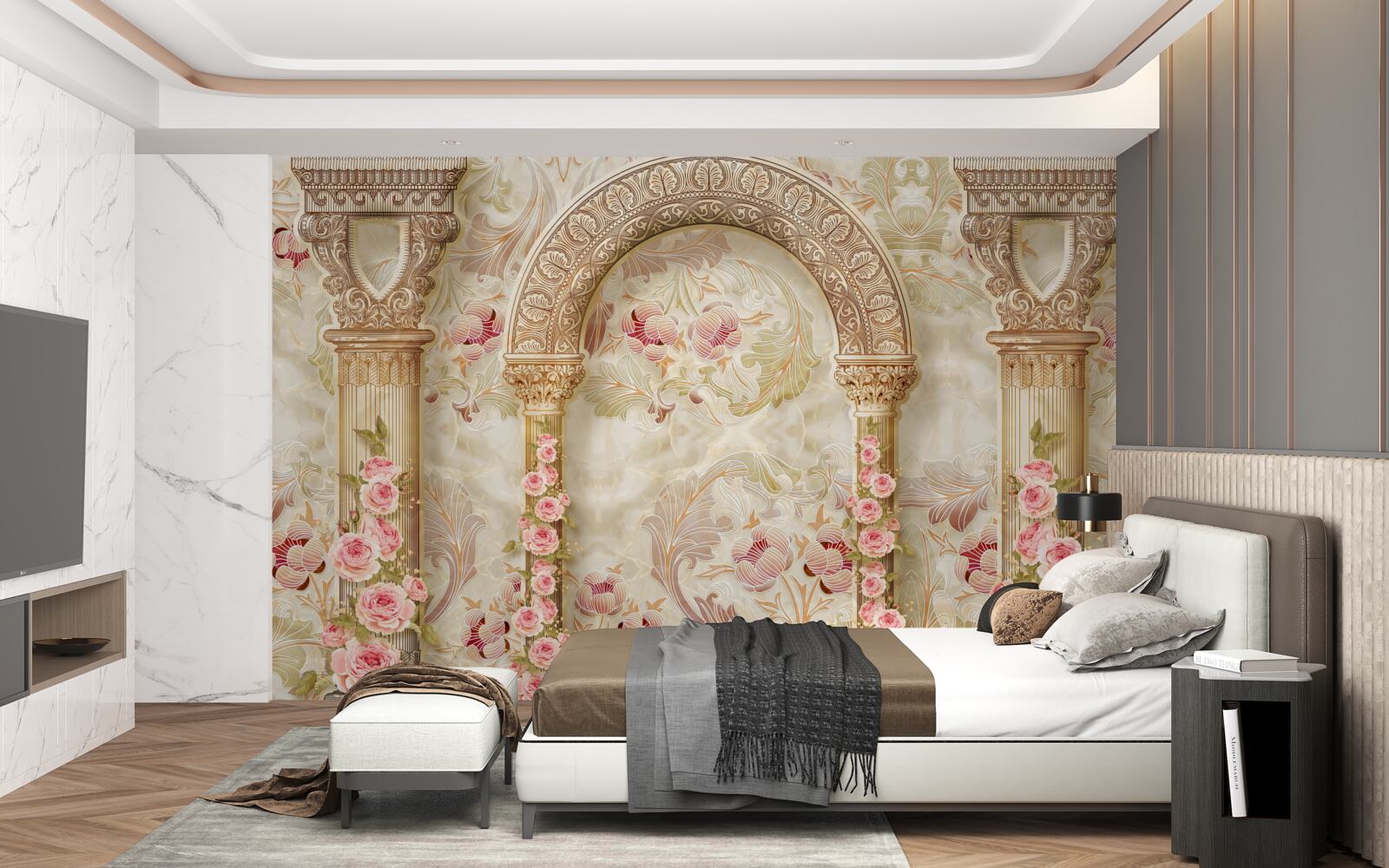 Fotobehang traditionele bogen versierd met rozenbloemen