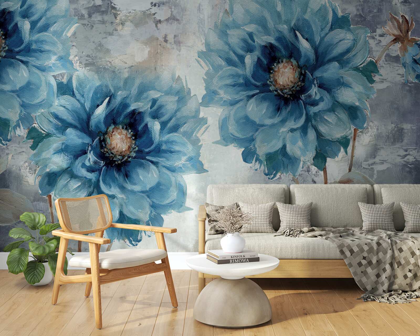 Fotobehang vogels en blauwe bloemen in de stromende zomerregen