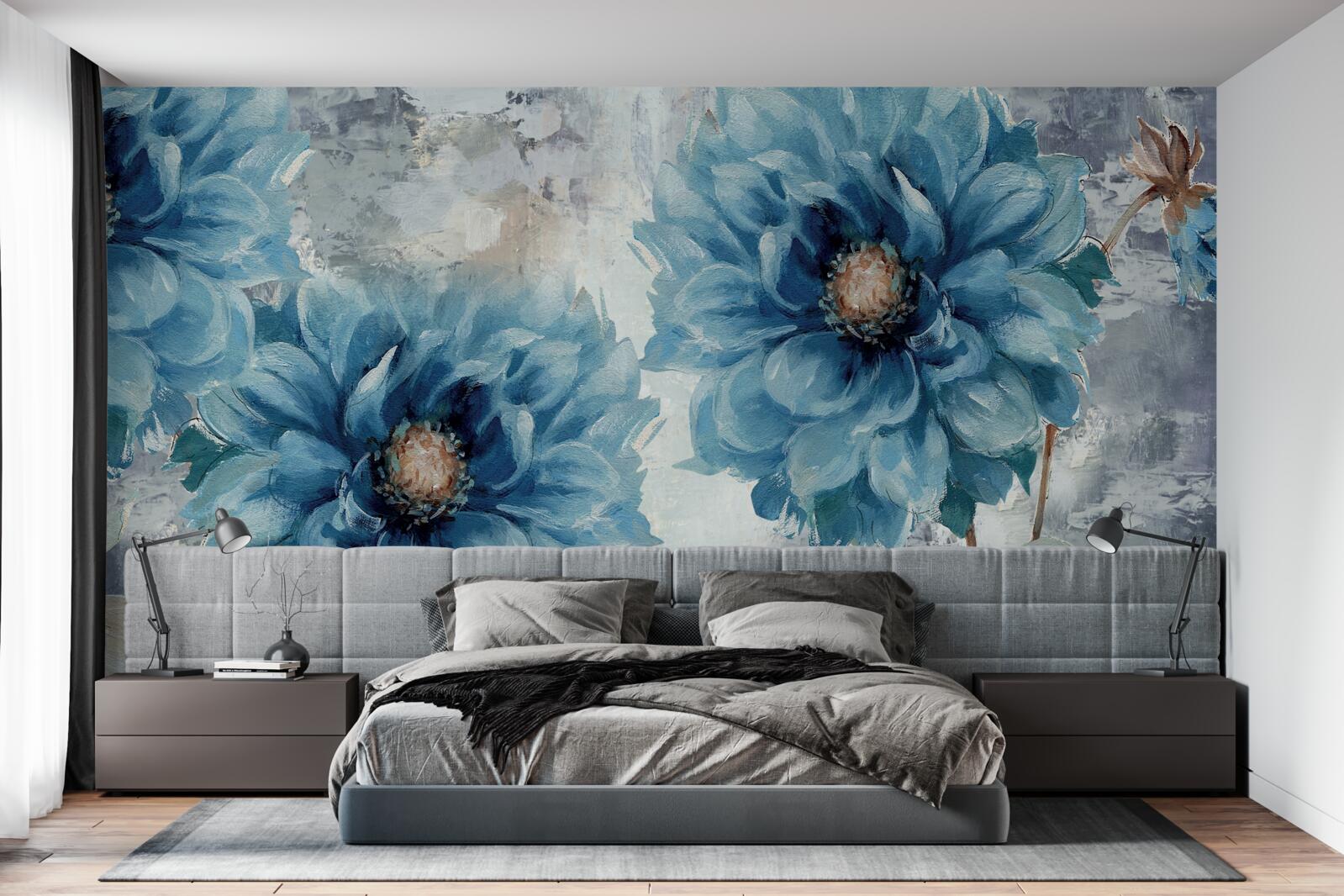 Fotobehang vogels en blauwe bloemen in de stromende zomerregen