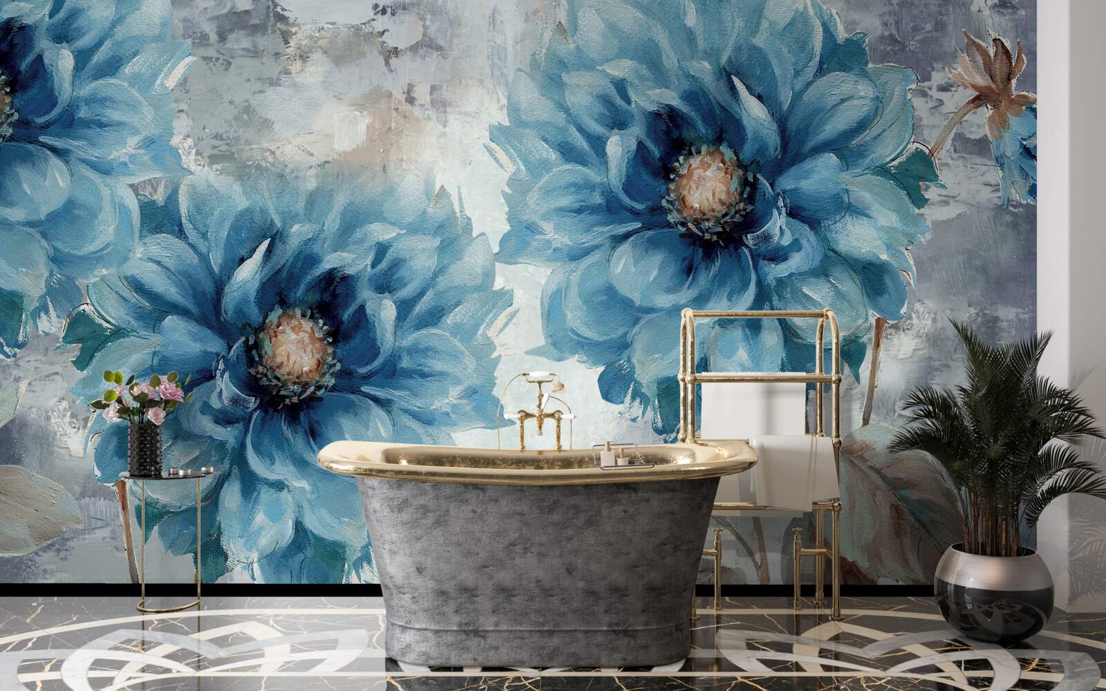 Fotobehang vogels en blauwe bloemen in de stromende zomerregen