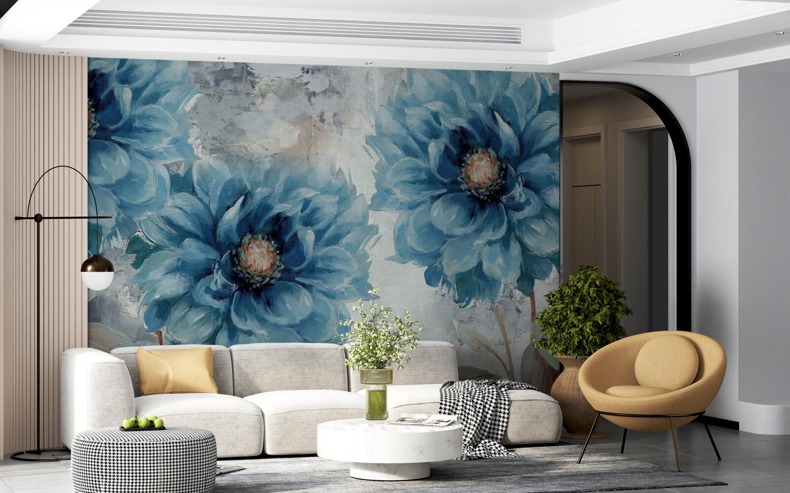 Fotobehang vogels en blauwe bloemen in de stromende zomerregen