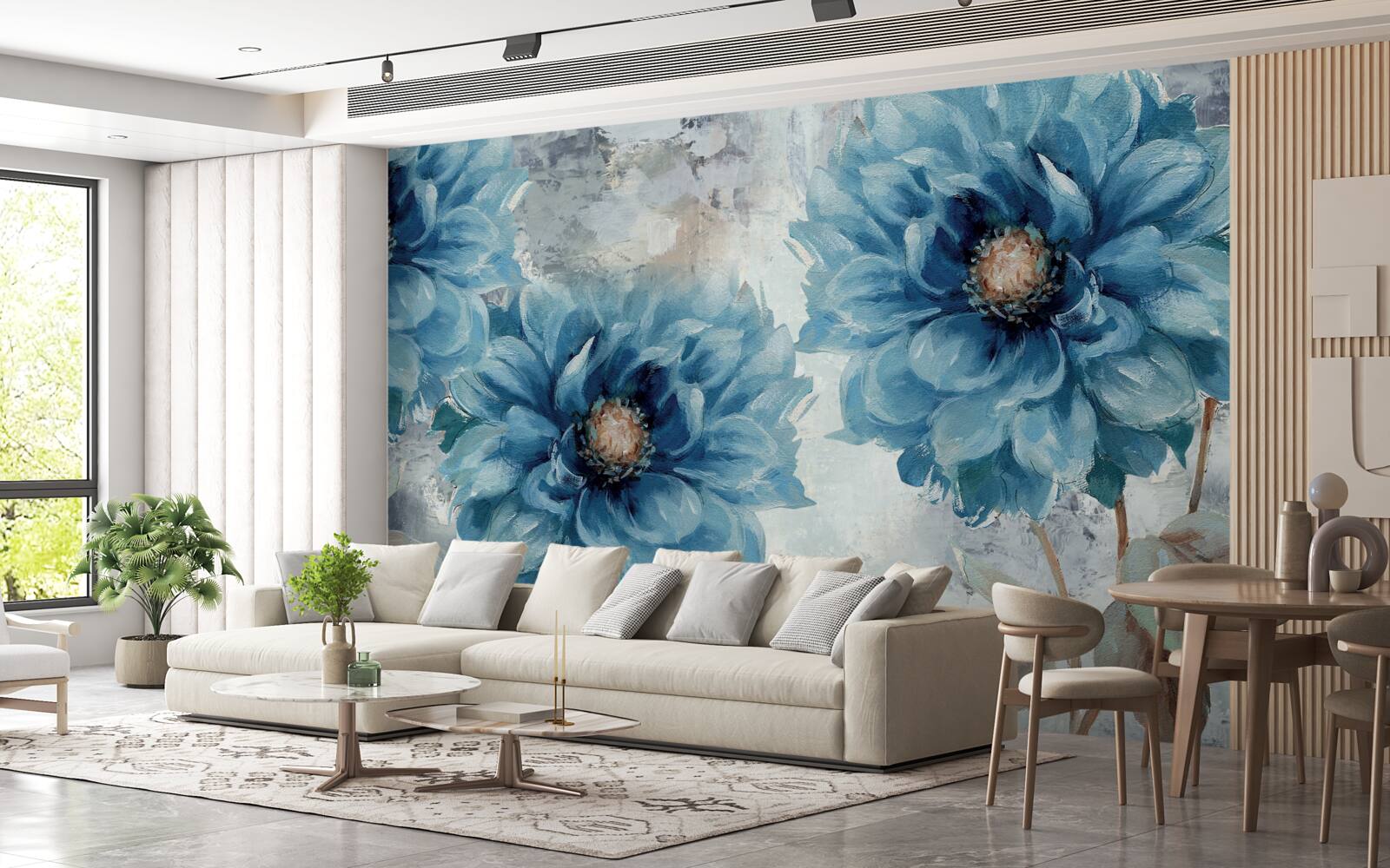 Fotobehang vogels en blauwe bloemen in de stromende zomerregen