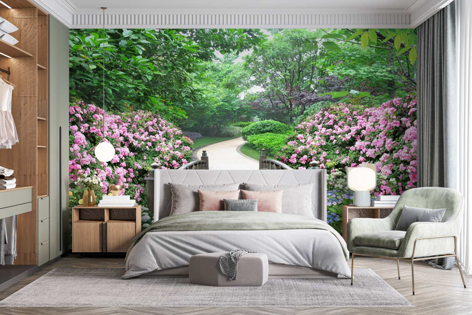 Fotobehang een pittoresk houten bruggetje over een bloeiende boomgaard