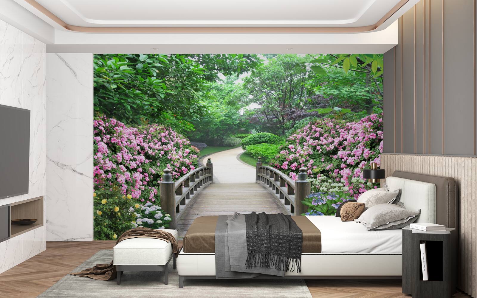 Fotobehang een pittoresk houten bruggetje over een bloeiende boomgaard