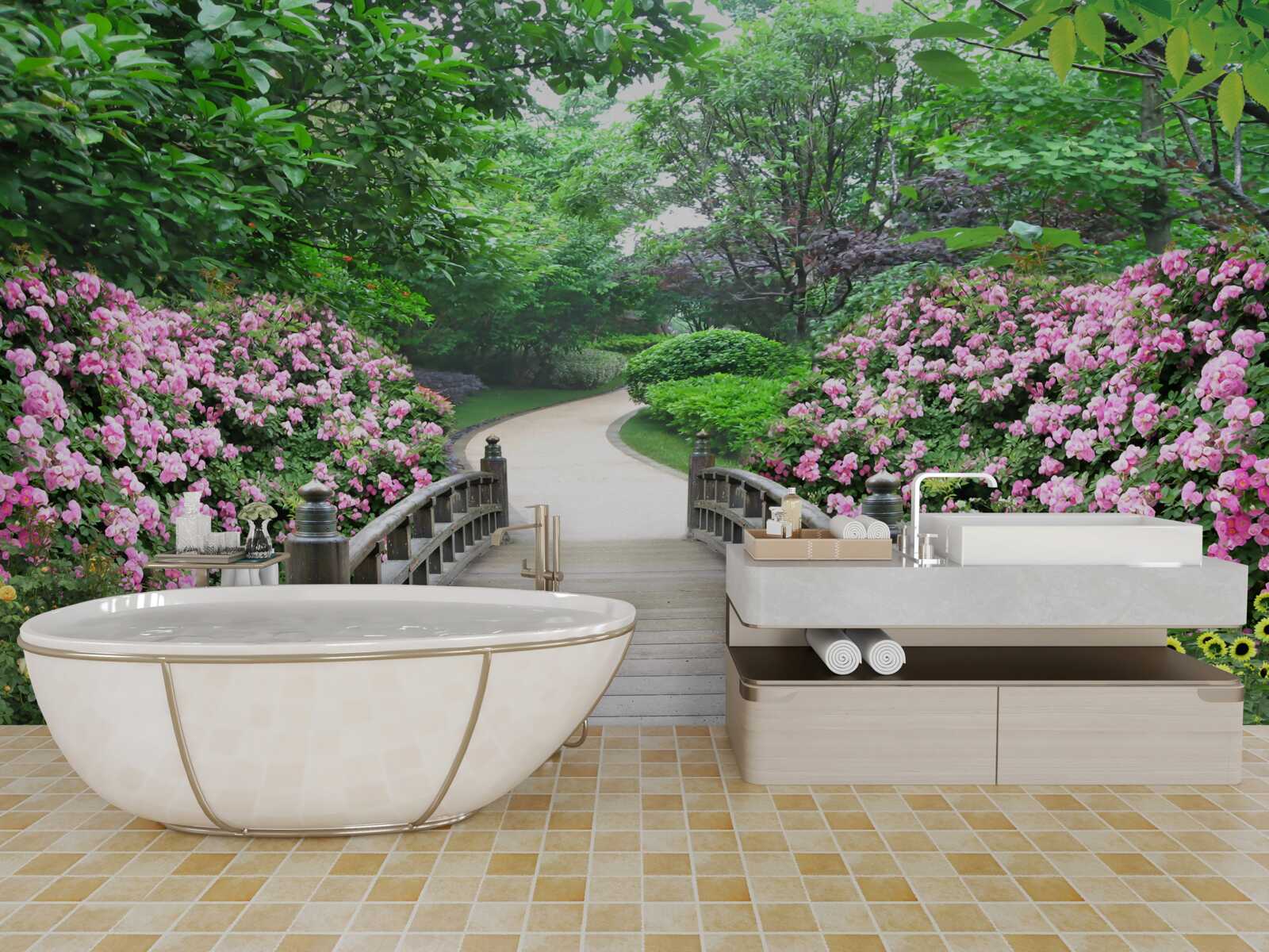 Fotobehang een pittoresk houten bruggetje over een bloeiende boomgaard