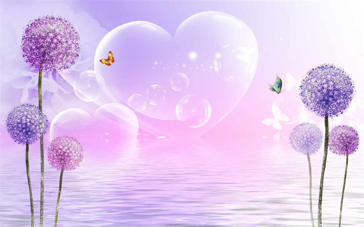 Fotobehang paarse bloemen tegen een achtergrond van water en harten