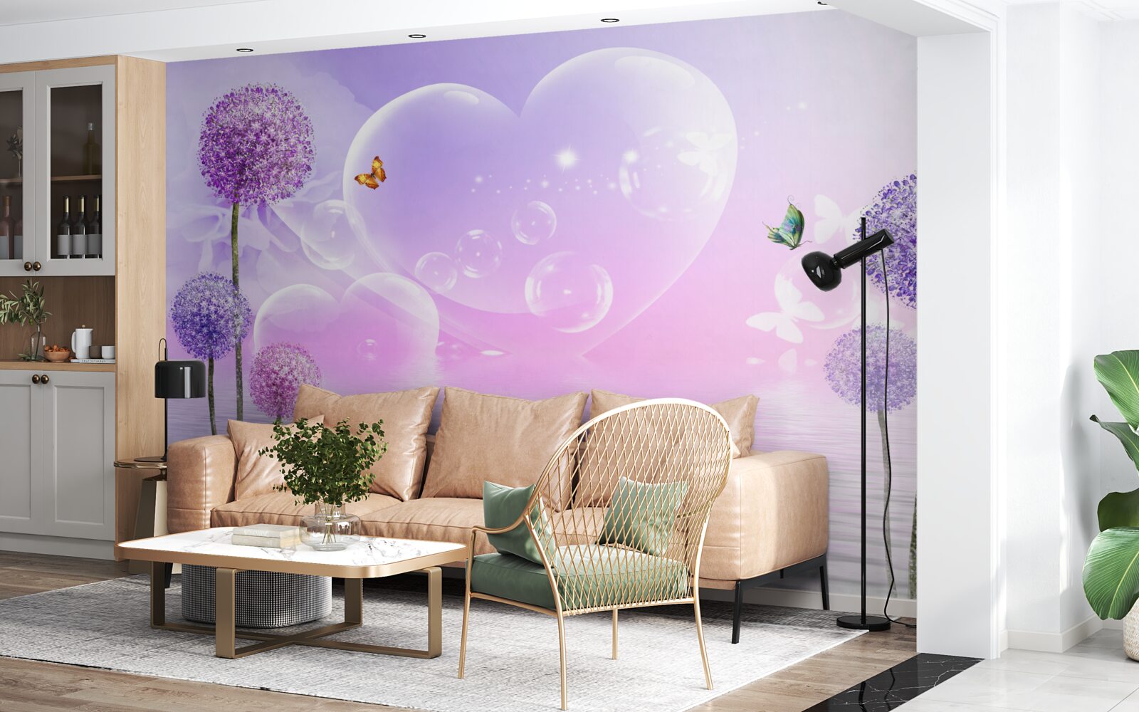 Fotobehang paarse bloemen tegen een achtergrond van water en harten