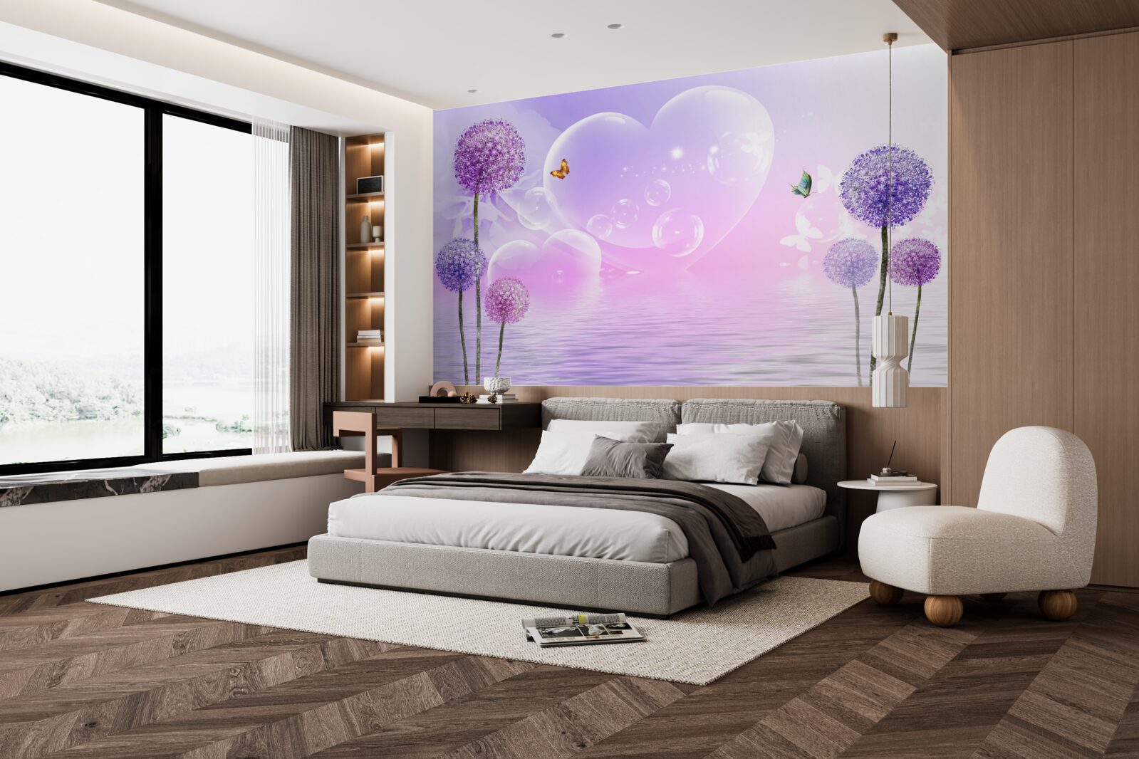 Fotobehang paarse bloemen tegen een achtergrond van water en harten