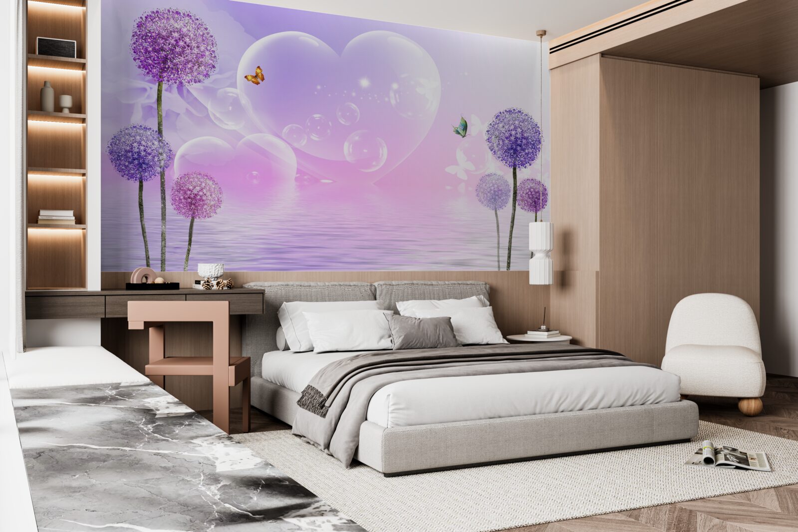 Fotobehang paarse bloemen tegen een achtergrond van water en harten