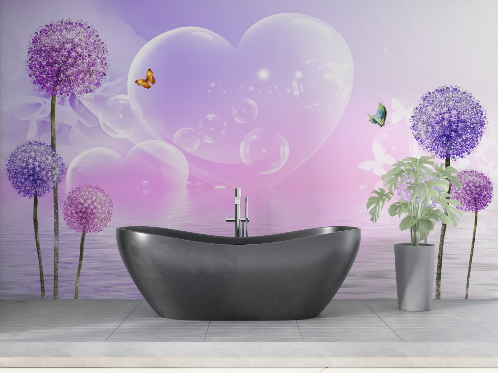 Fotobehang paarse bloemen tegen een achtergrond van water en harten