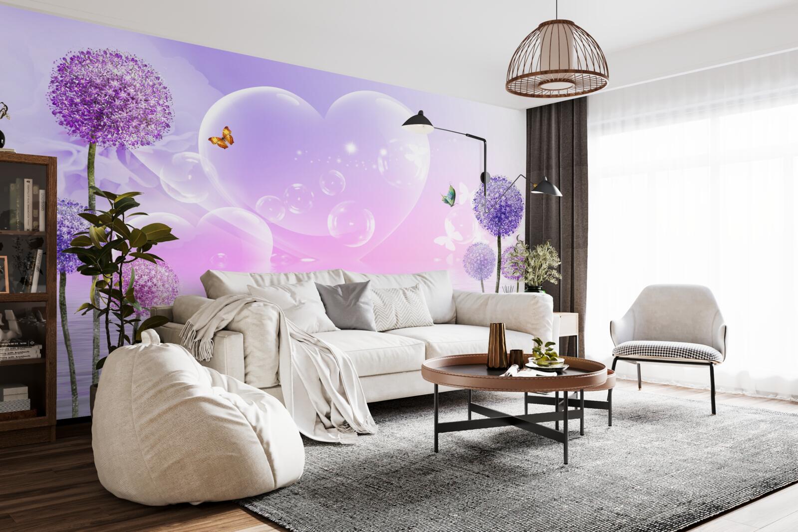 Fotobehang paarse bloemen tegen een achtergrond van water en harten