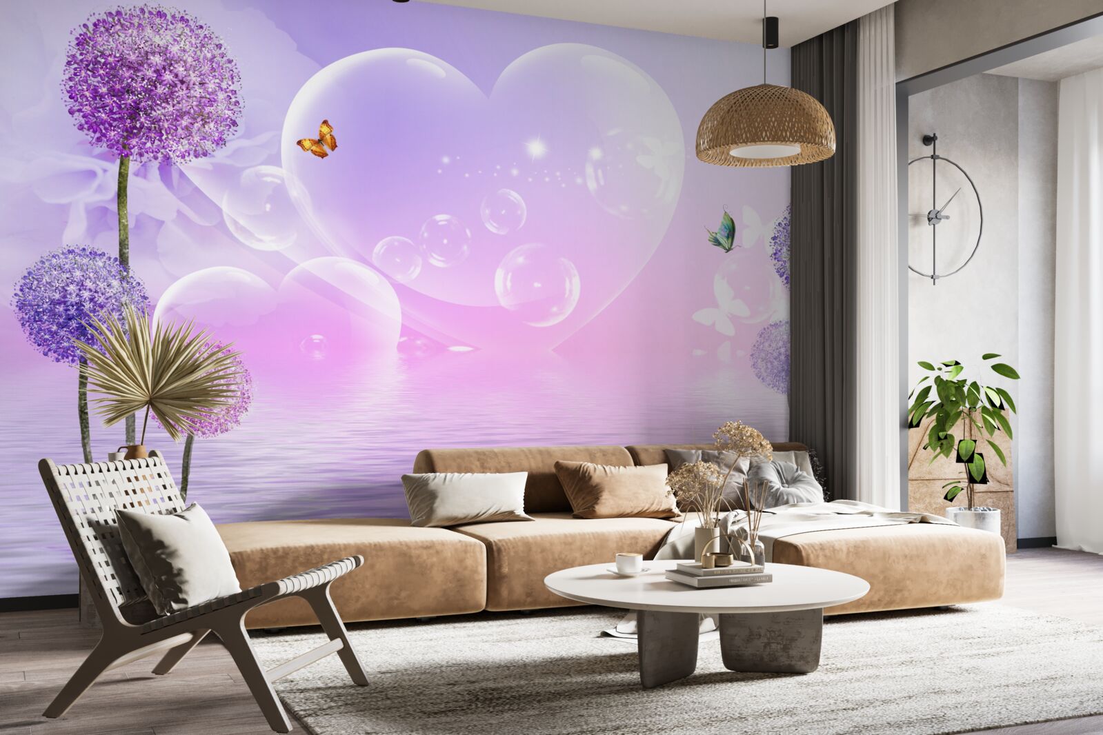 Fotobehang paarse bloemen tegen een achtergrond van water en harten