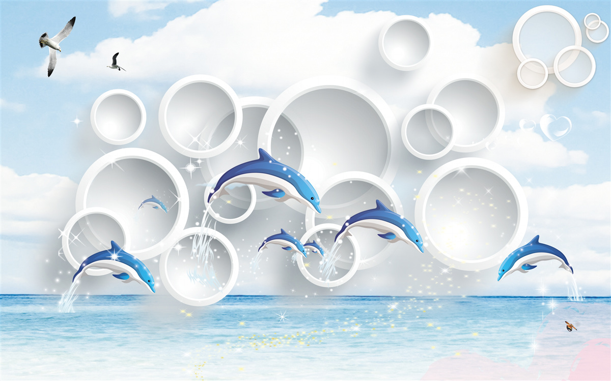 Fotobehang abstracte ringen en dolfijnen die op het wateroppervlak springen