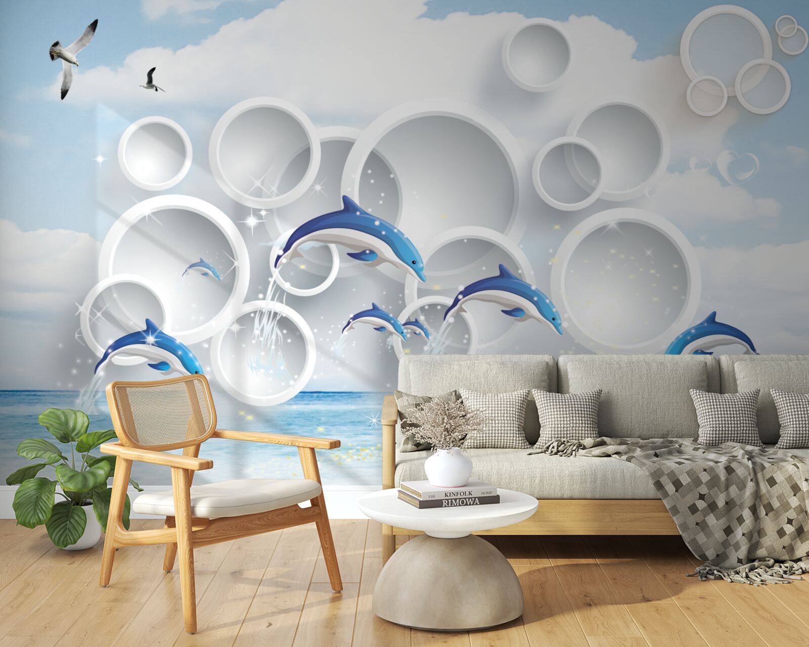 Fotobehang abstracte ringen en dolfijnen die op het wateroppervlak springen