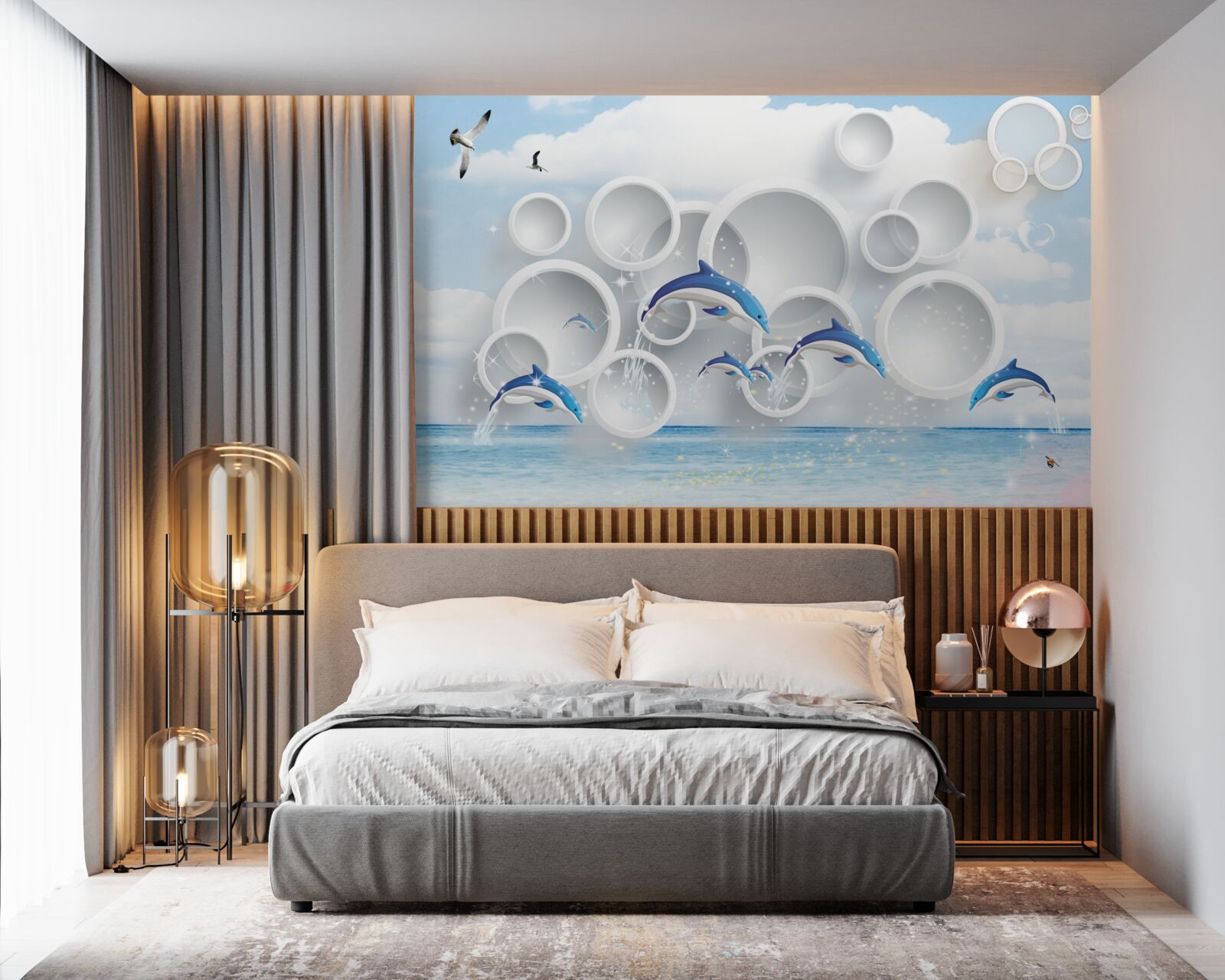 Fotobehang abstracte ringen en dolfijnen die op het wateroppervlak springen