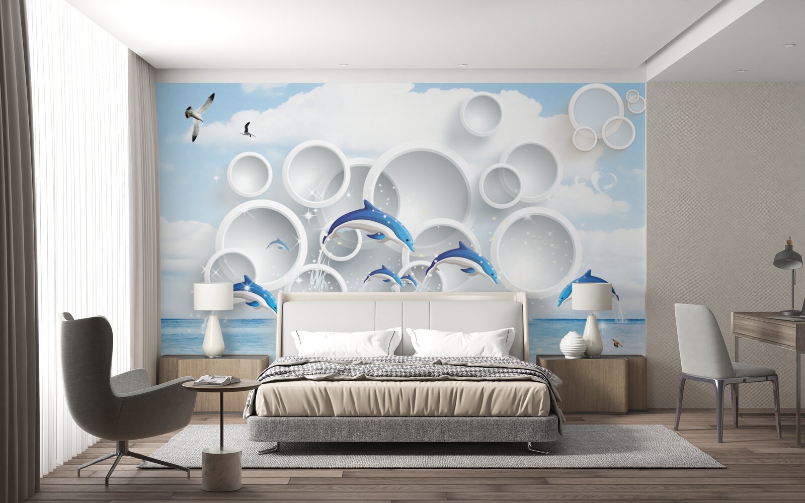 Fotobehang abstracte ringen en dolfijnen die op het wateroppervlak springen