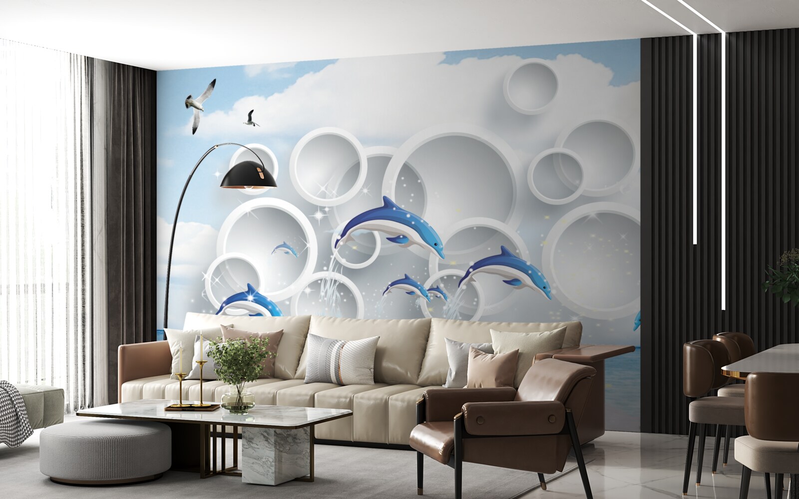Fotobehang abstracte ringen en dolfijnen die op het wateroppervlak springen