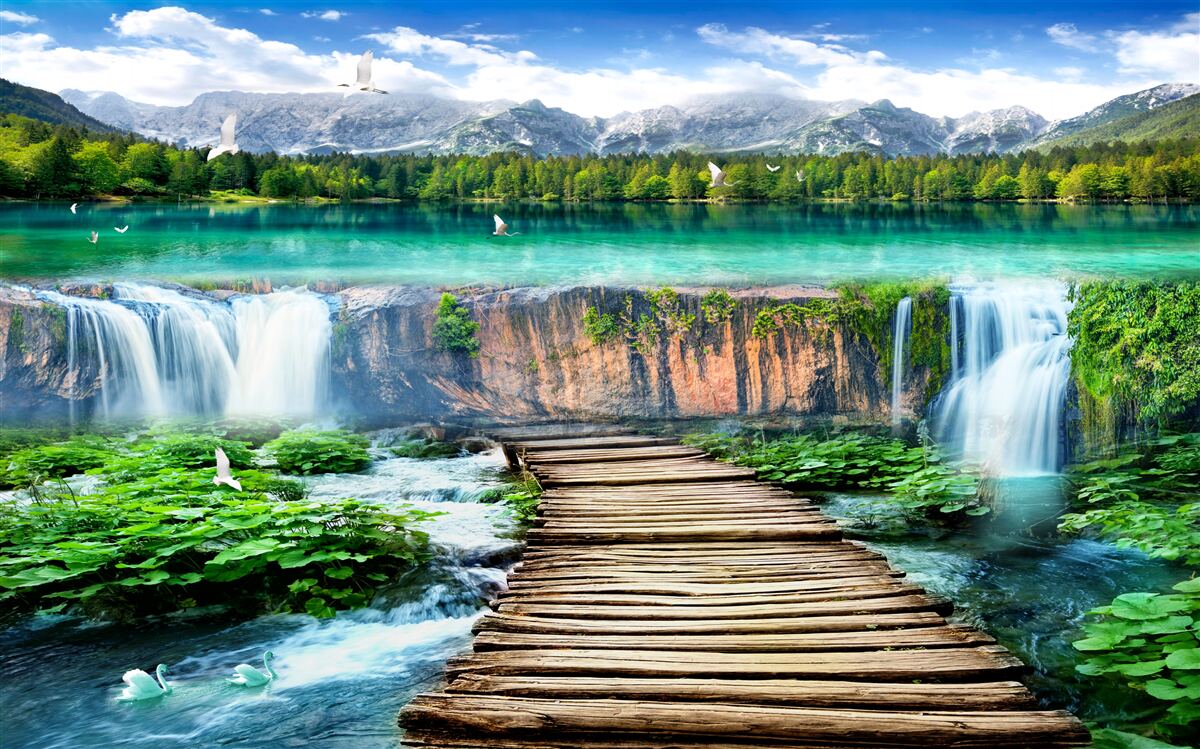 Fotobehang houten brug naar de voet van de waterval