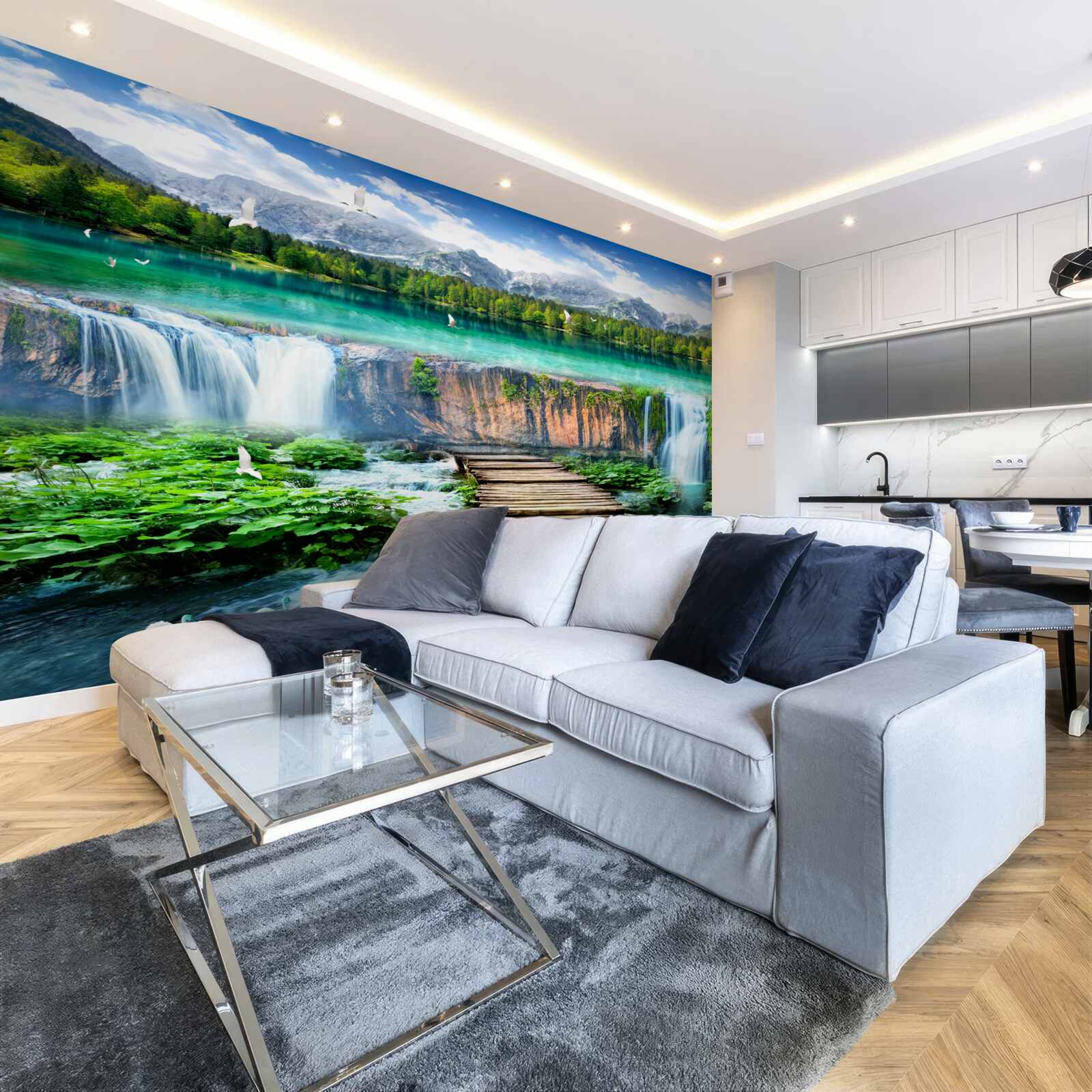 Fotobehang houten brug naar de voet van de waterval