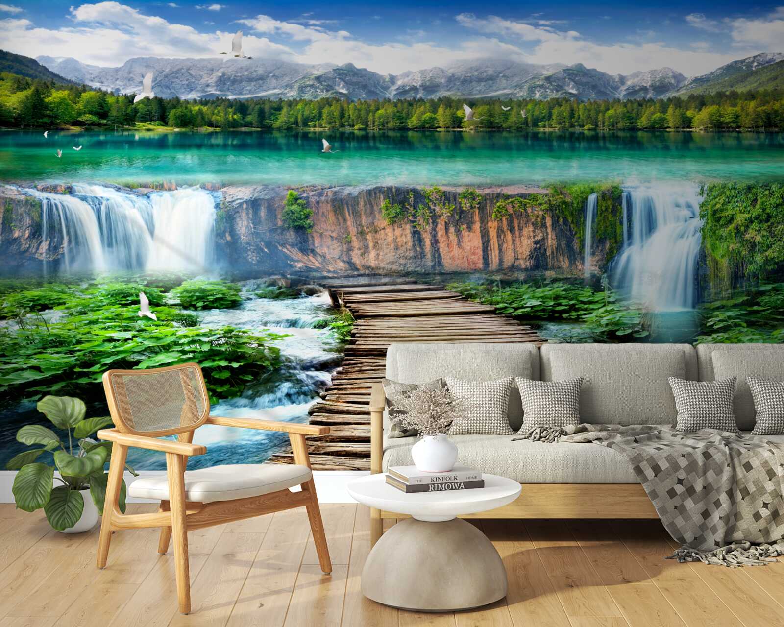 Fotobehang houten brug naar de voet van de waterval