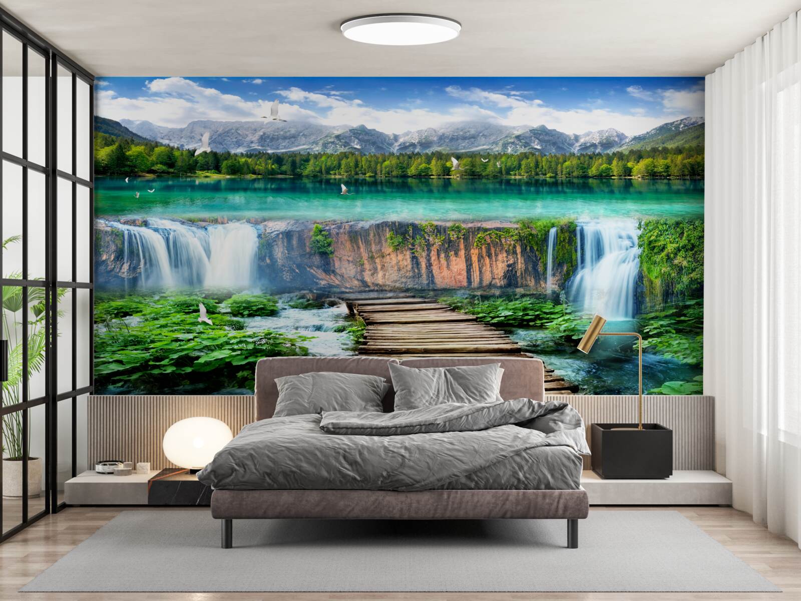 Fotobehang houten brug naar de voet van de waterval