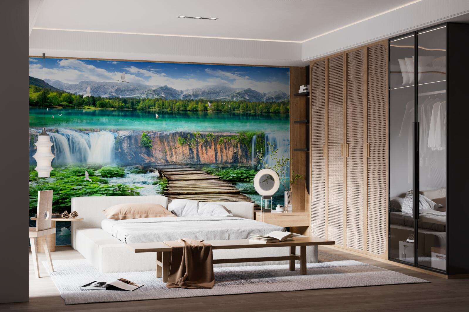 Fotobehang houten brug naar de voet van de waterval