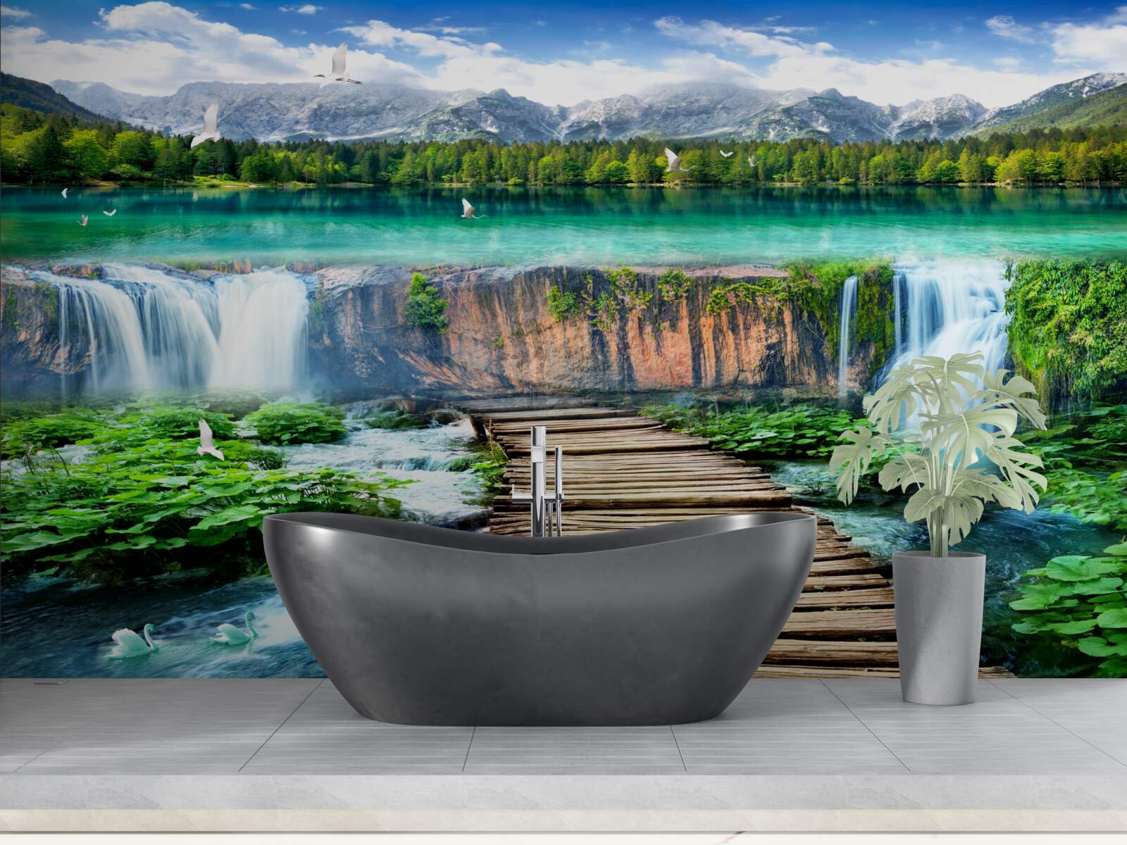 Fotobehang houten brug naar de voet van de waterval