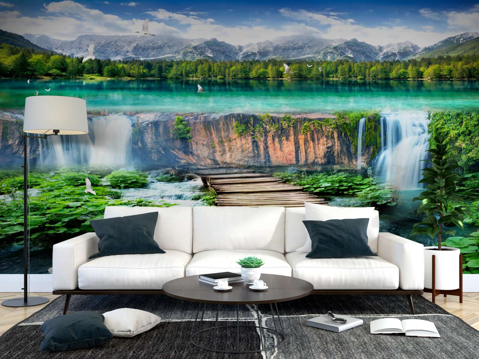 Fotobehang houten brug naar de voet van de waterval