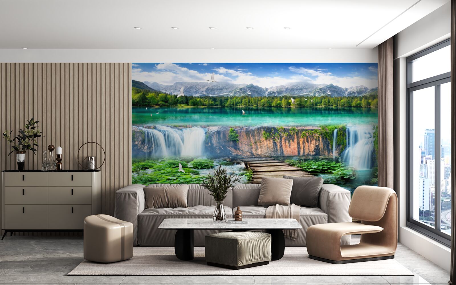 Fotobehang houten brug naar de voet van de waterval