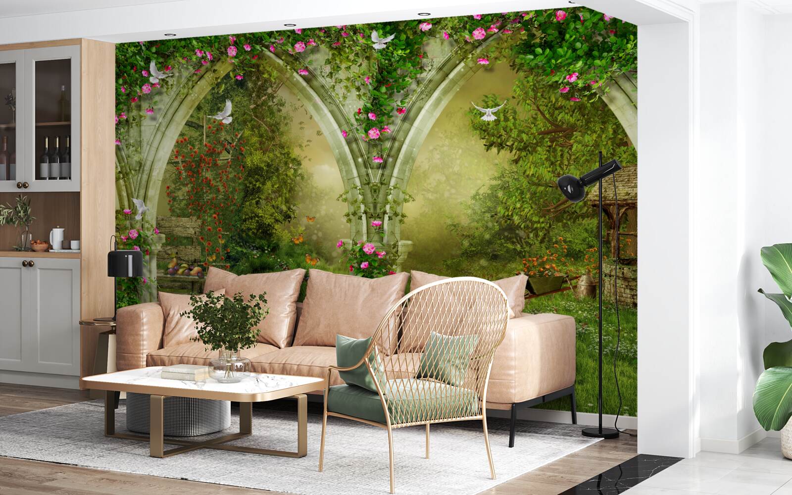 Fotobehang Bogen van groene steen met afbeeldingen van dieren