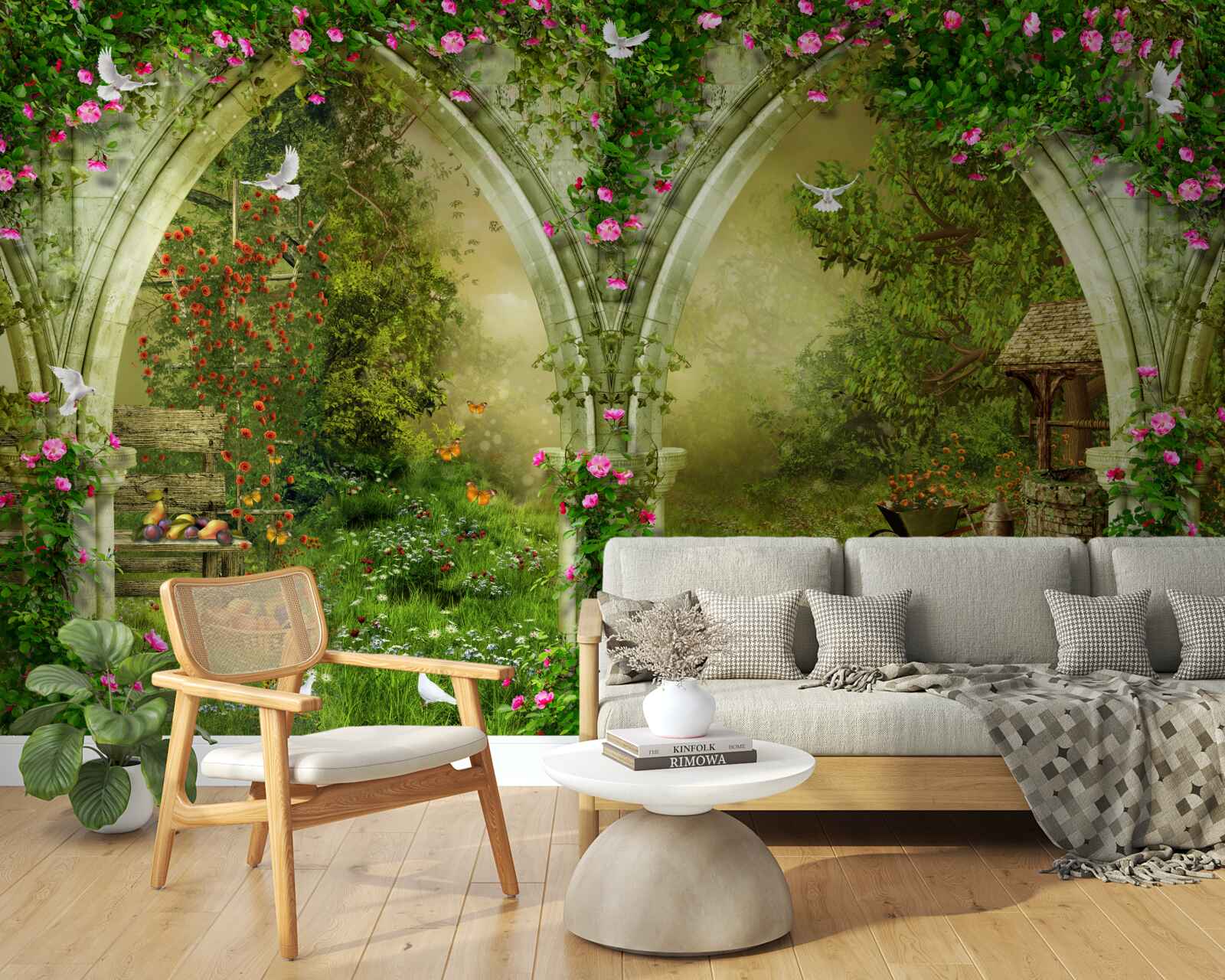 Fotobehang Bogen van groene steen met afbeeldingen van dieren