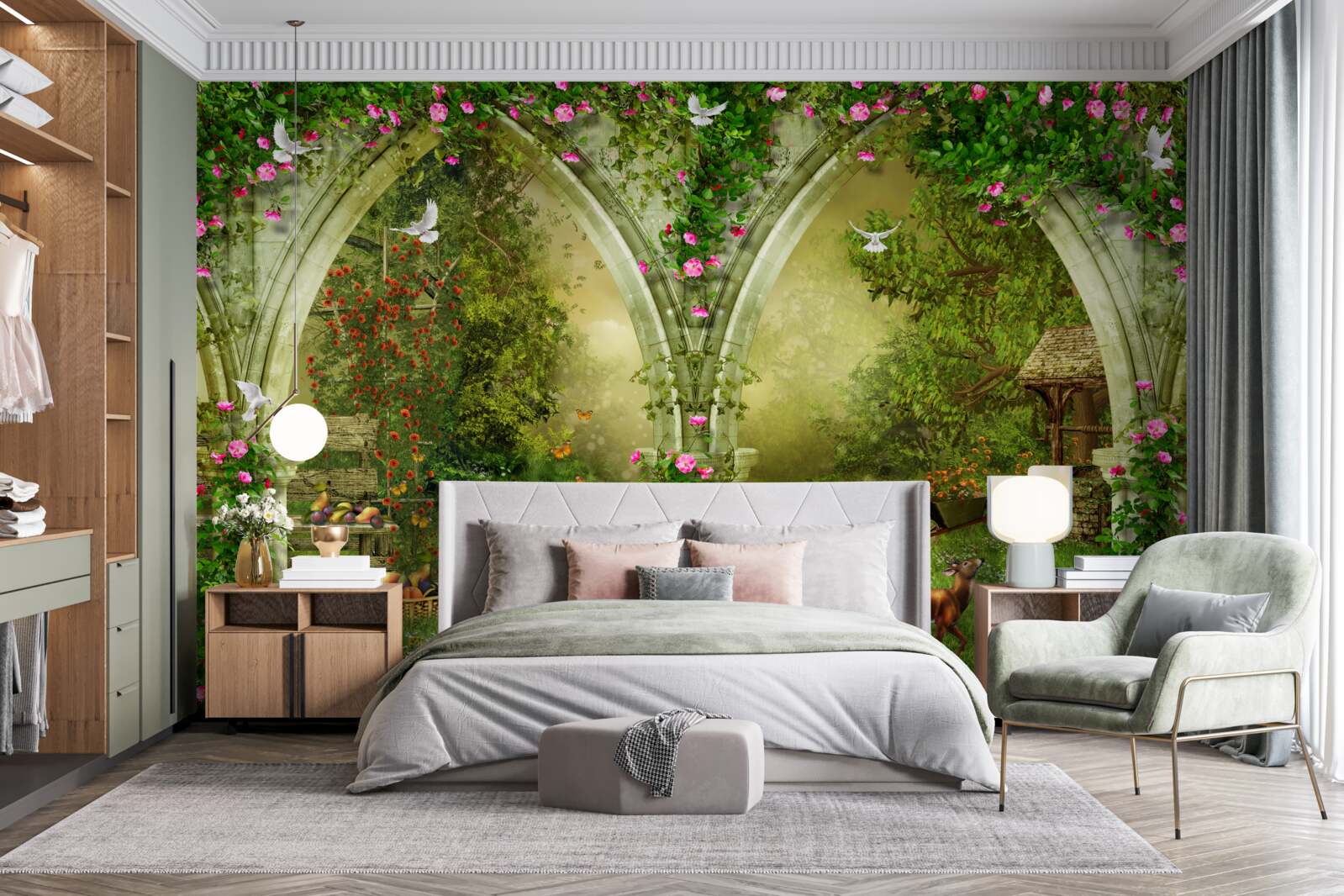 Fotobehang Bogen van groene steen met afbeeldingen van dieren