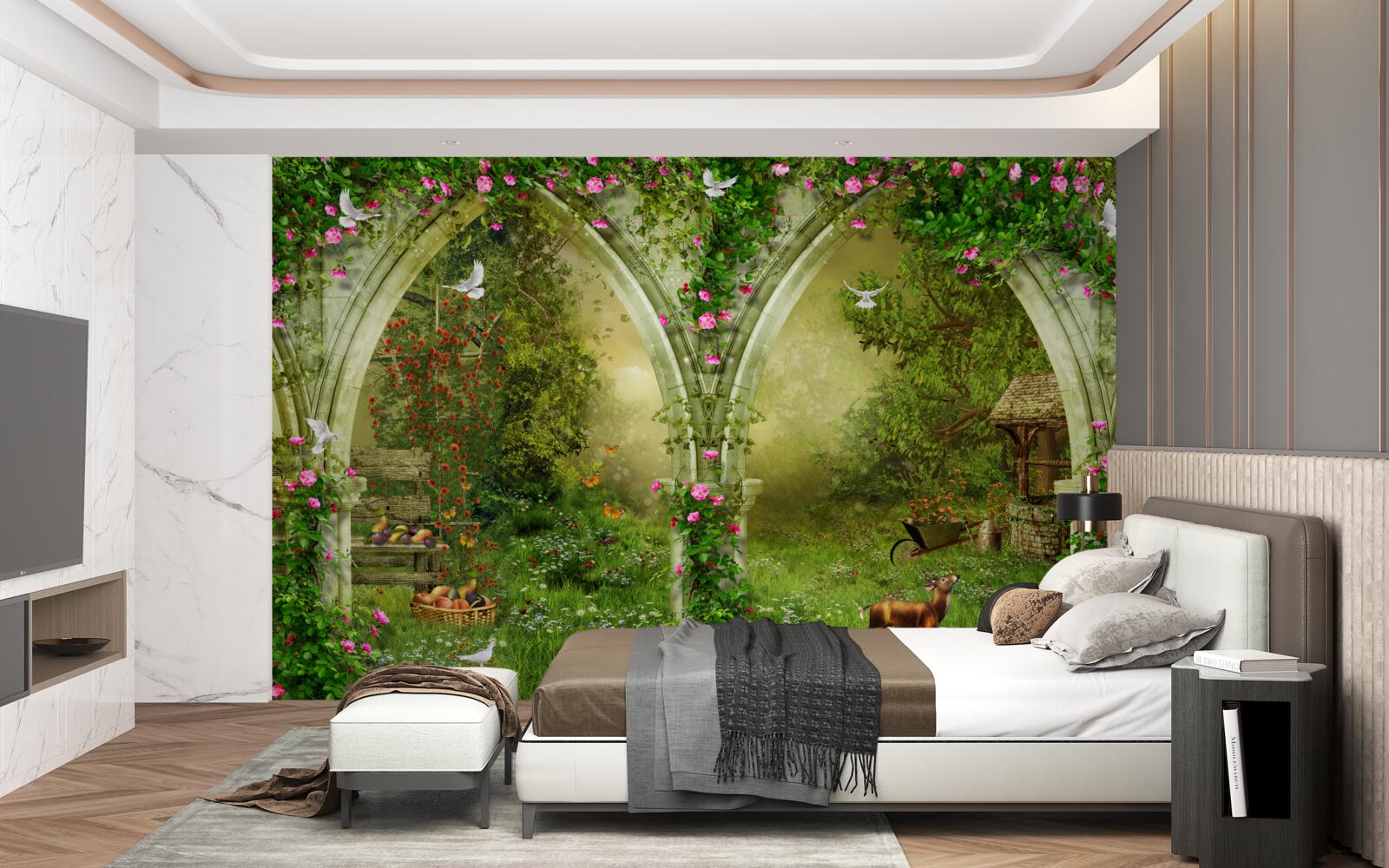 Fotobehang Bogen van groene steen met afbeeldingen van dieren