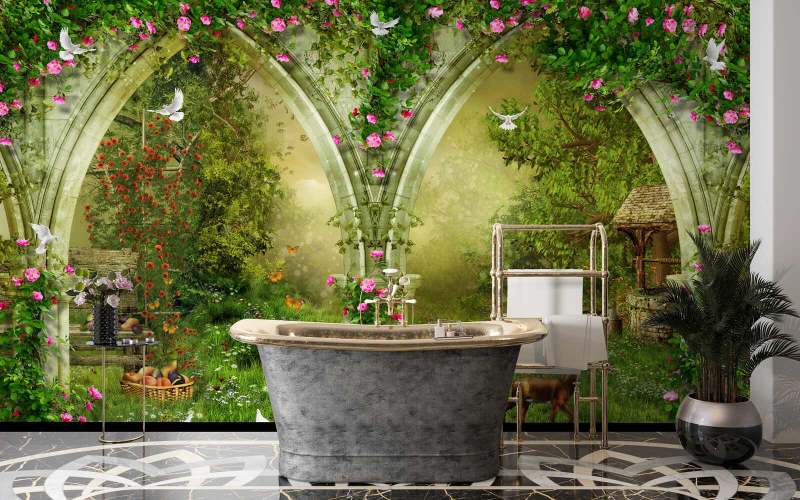 Fotobehang Bogen van groene steen met afbeeldingen van dieren