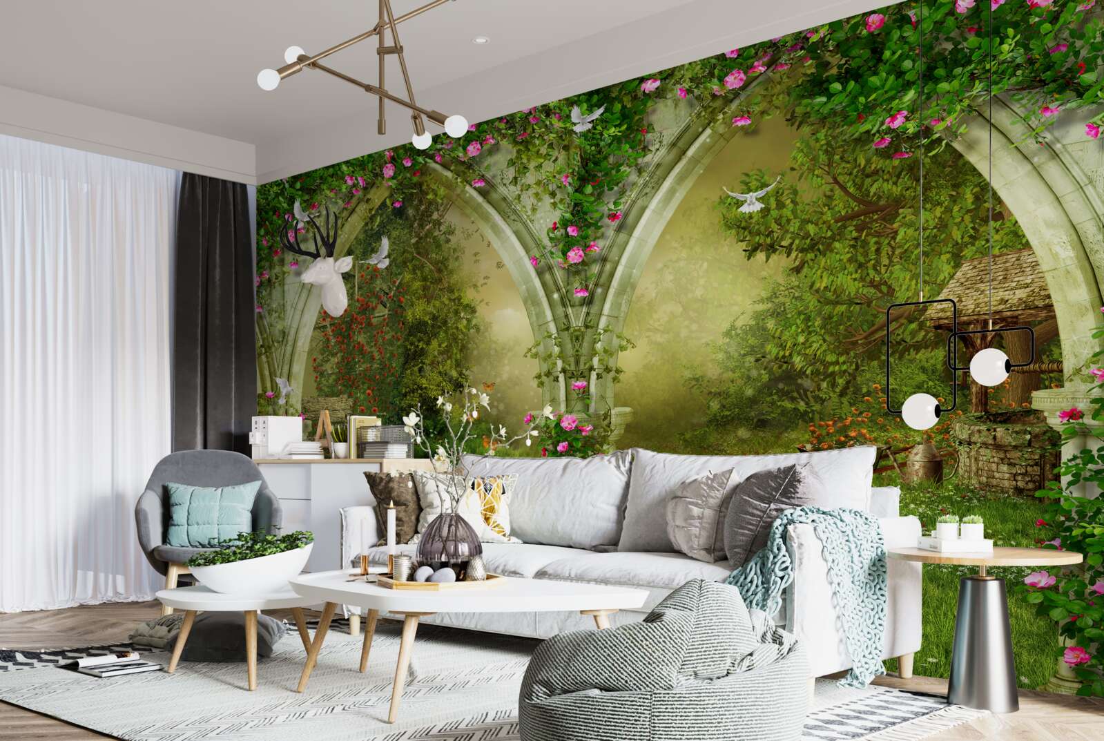 Fotobehang Bogen van groene steen met afbeeldingen van dieren