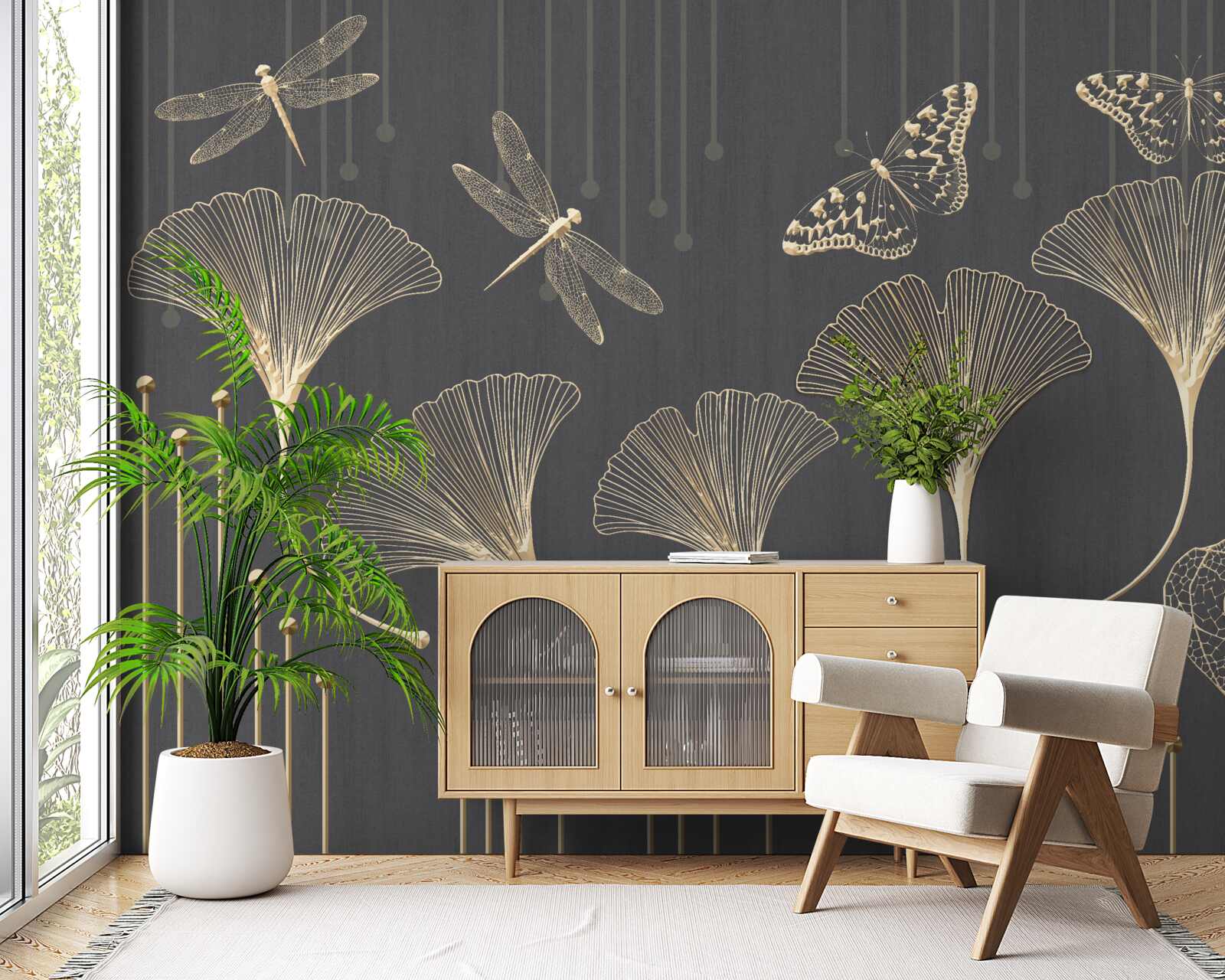 Fotobehang integendeel, verticale lijnen komen samen op een grijze achtergrond