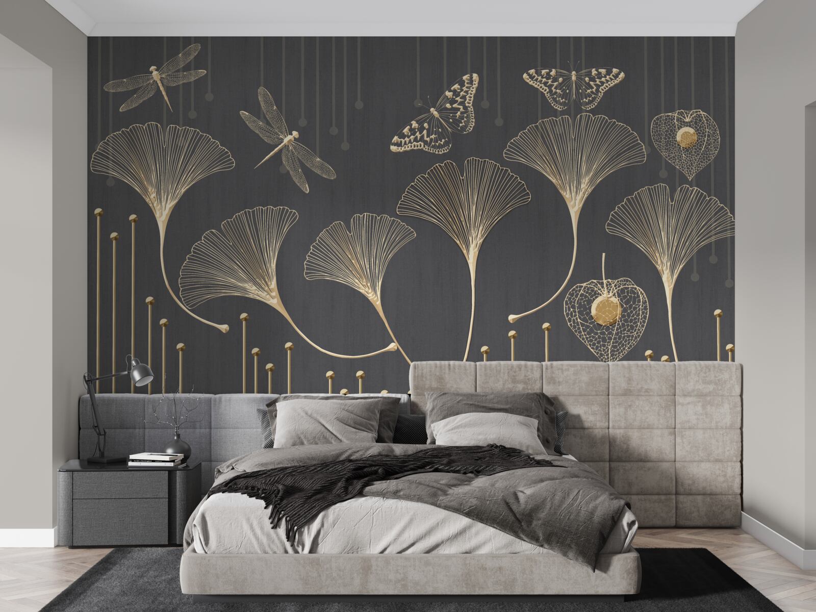 Fotobehang integendeel, verticale lijnen komen samen op een grijze achtergrond