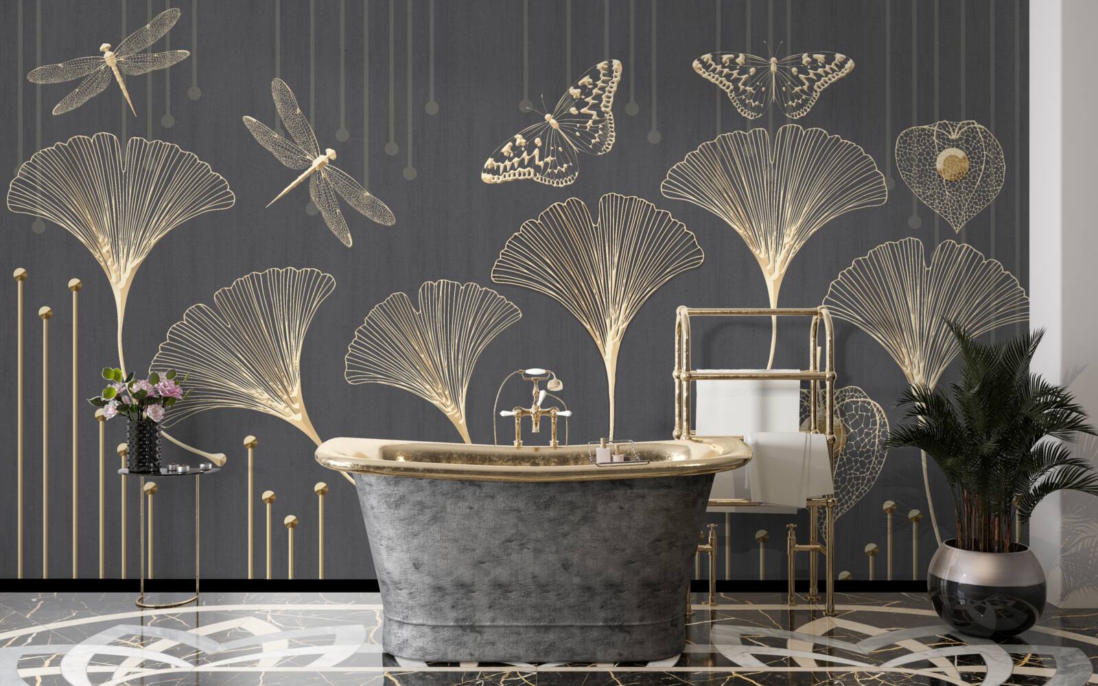 Fotobehang integendeel, verticale lijnen komen samen op een grijze achtergrond