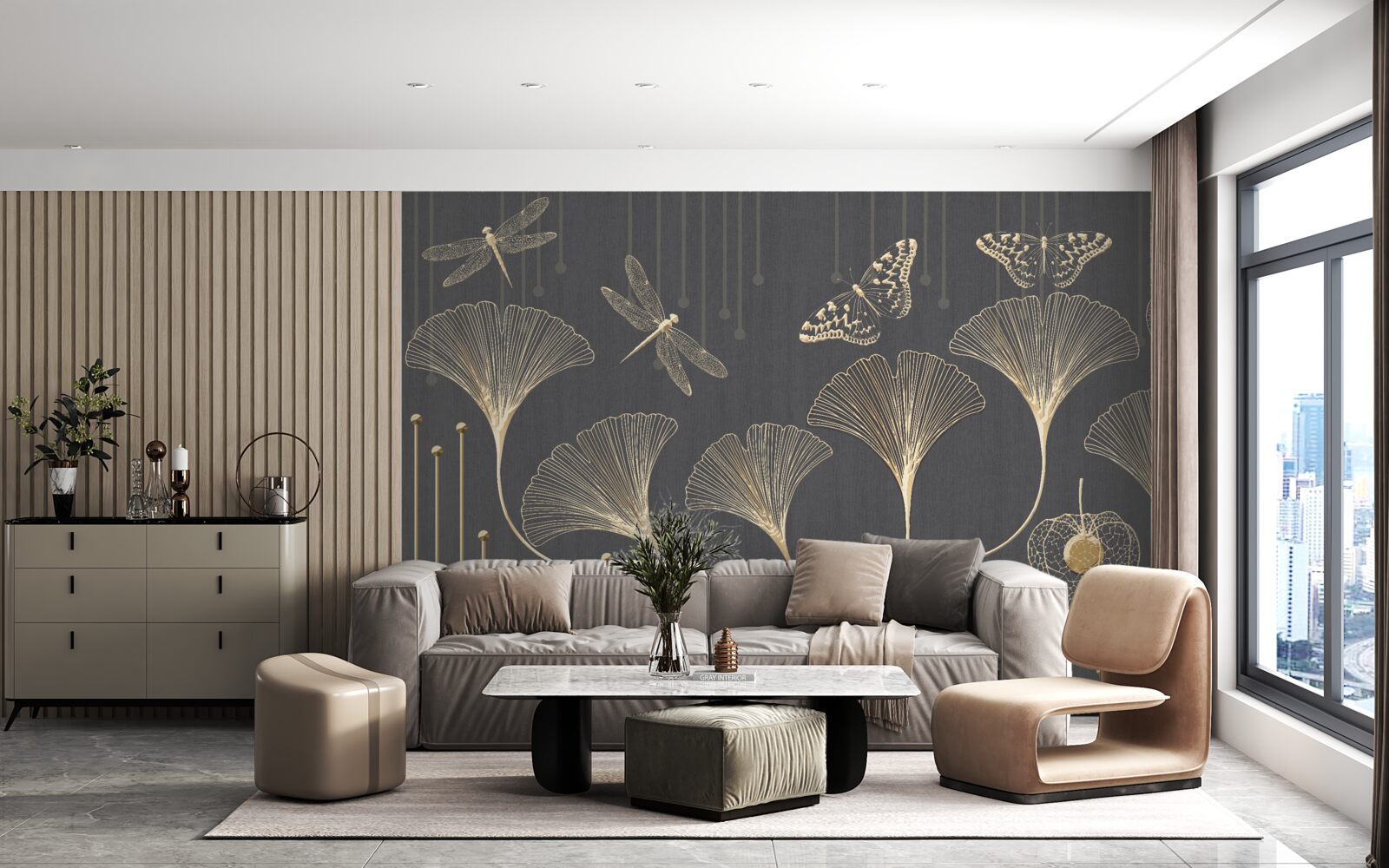 Fotobehang integendeel, verticale lijnen komen samen op een grijze achtergrond